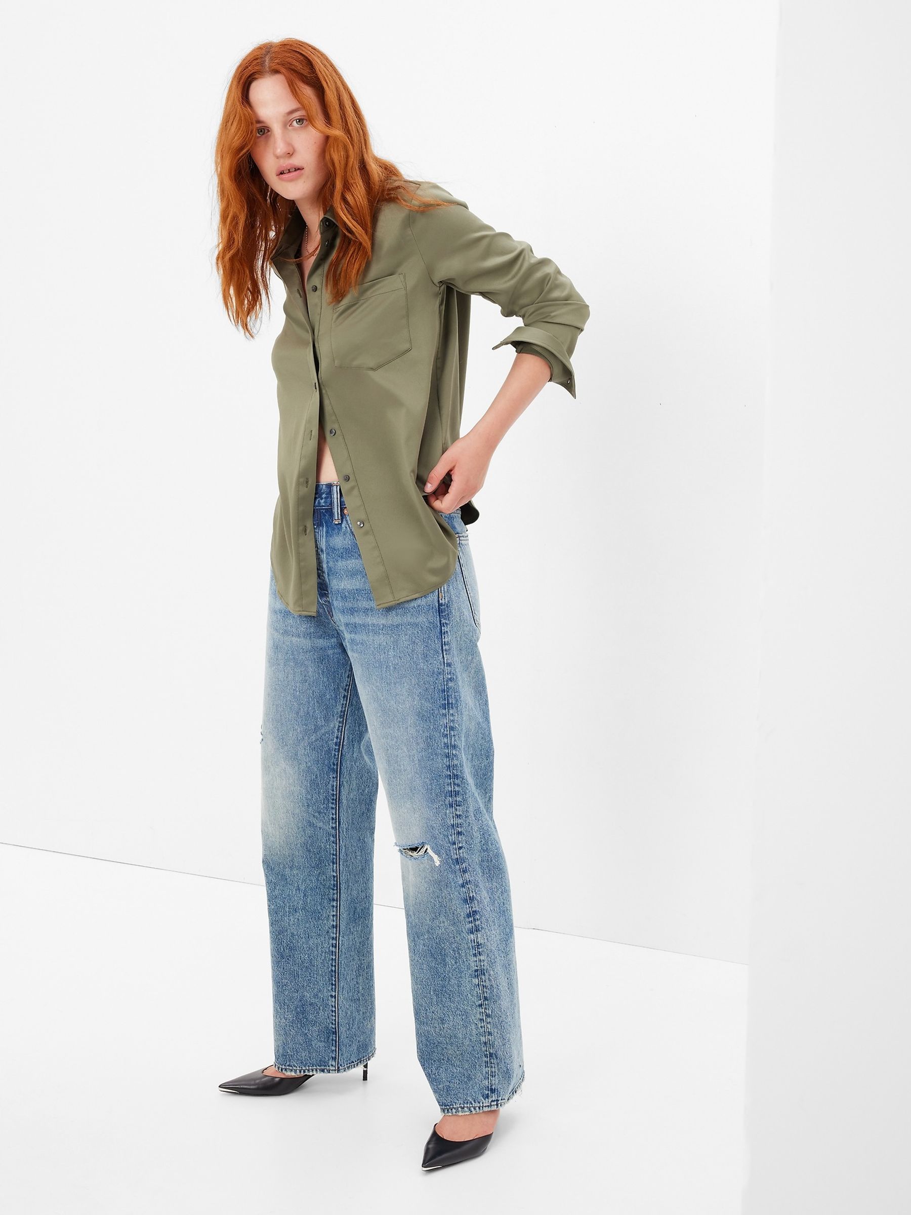 Green Satin Long Sleeve Shirt - Image 1 of 5