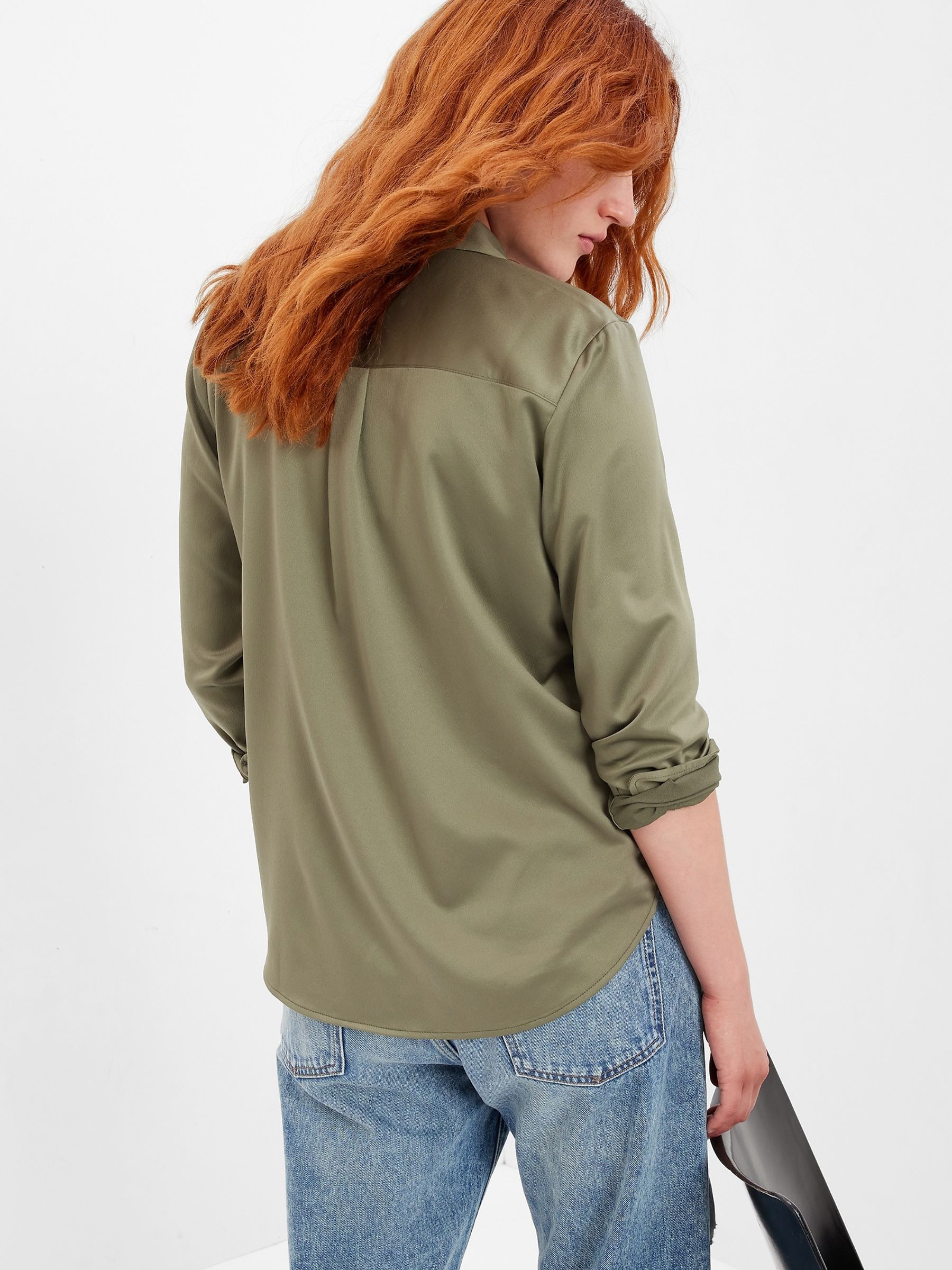 Green Satin Long Sleeve Shirt - Image 2 of 5