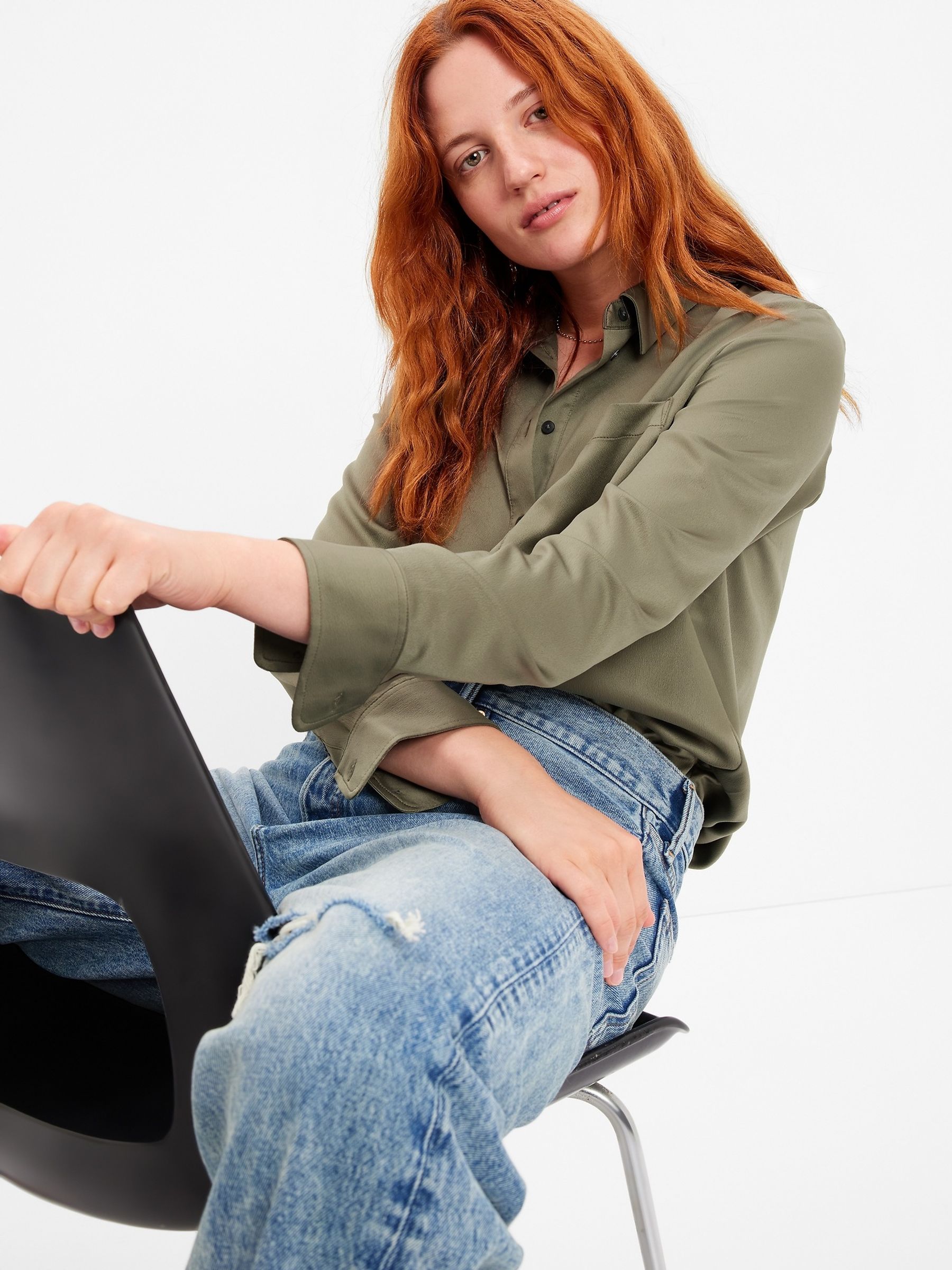 Green Satin Long Sleeve Shirt - Image 3 of 5