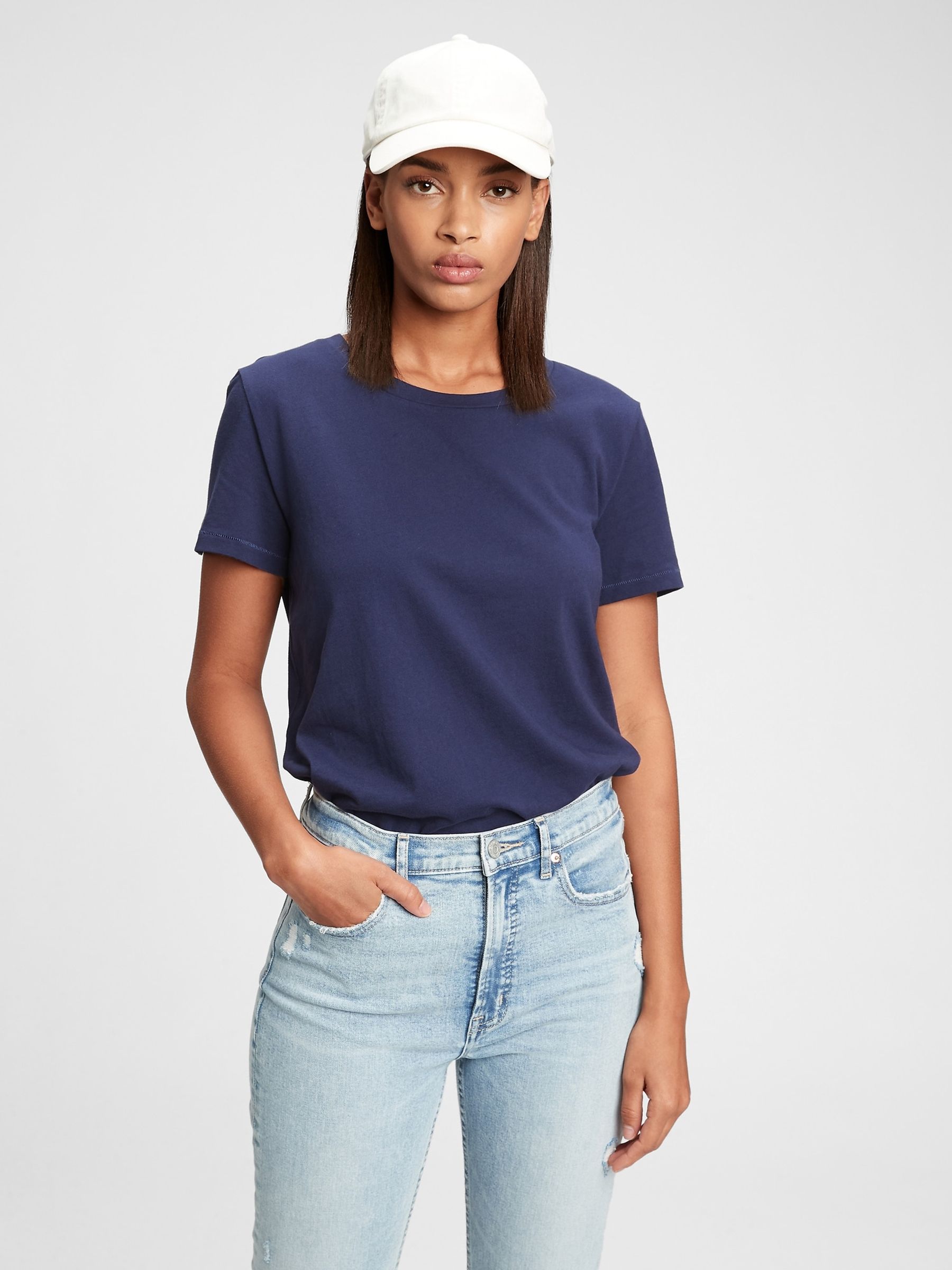 Navy Blue Crew Neck Vintage 100% Organic Cotton Short Sleeve T-Shirt - Image 1 of 5