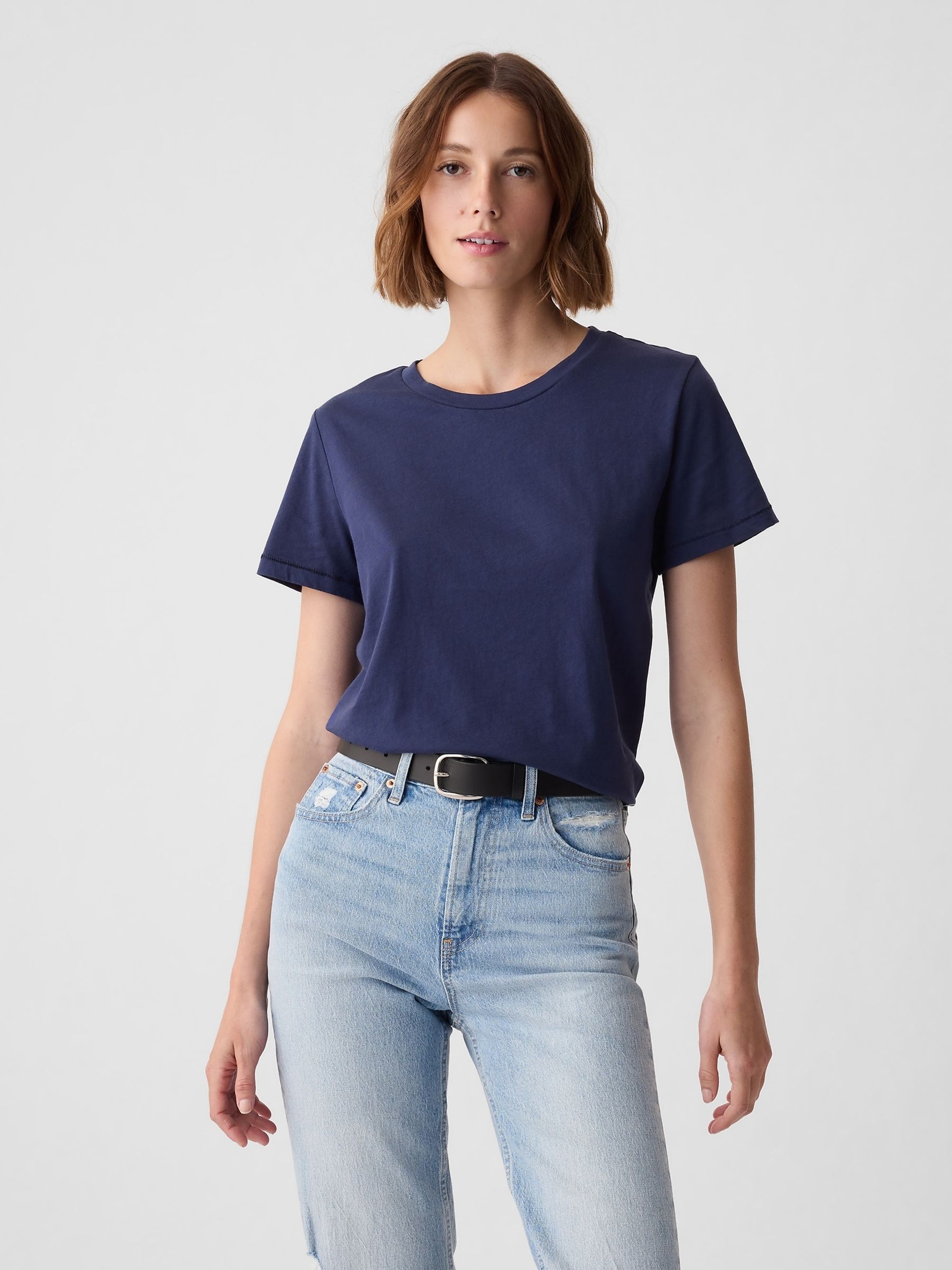 Navy Blue Crew Neck Vintage 100% Organic Cotton Short Sleeve T-Shirt - Image 2 of 5