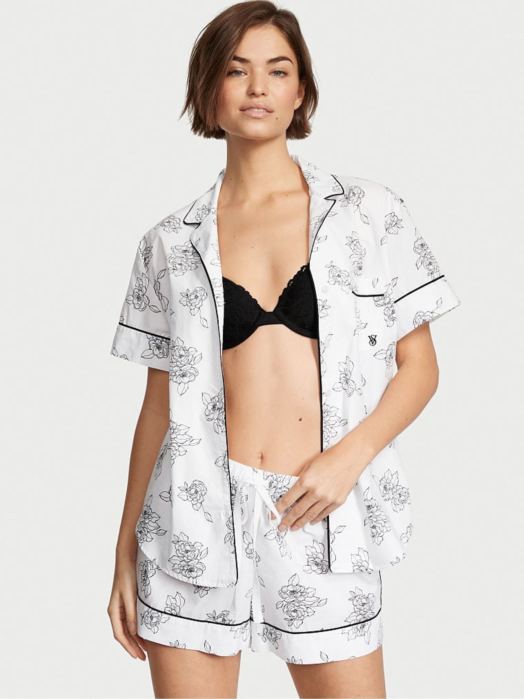 White Outline Floral Cotton Pyjama Short Pyjamas Set - Image 1 of 3