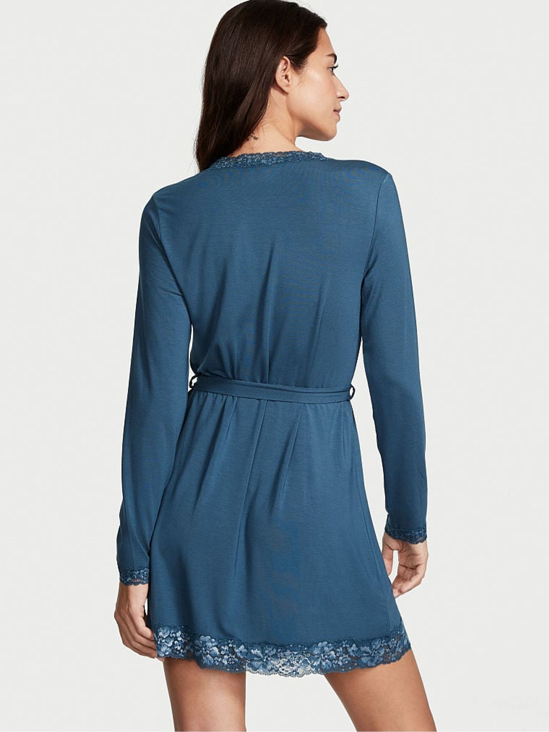 Midnight Sea Blue Modal Lace Trim Robe - Image 2 of 4