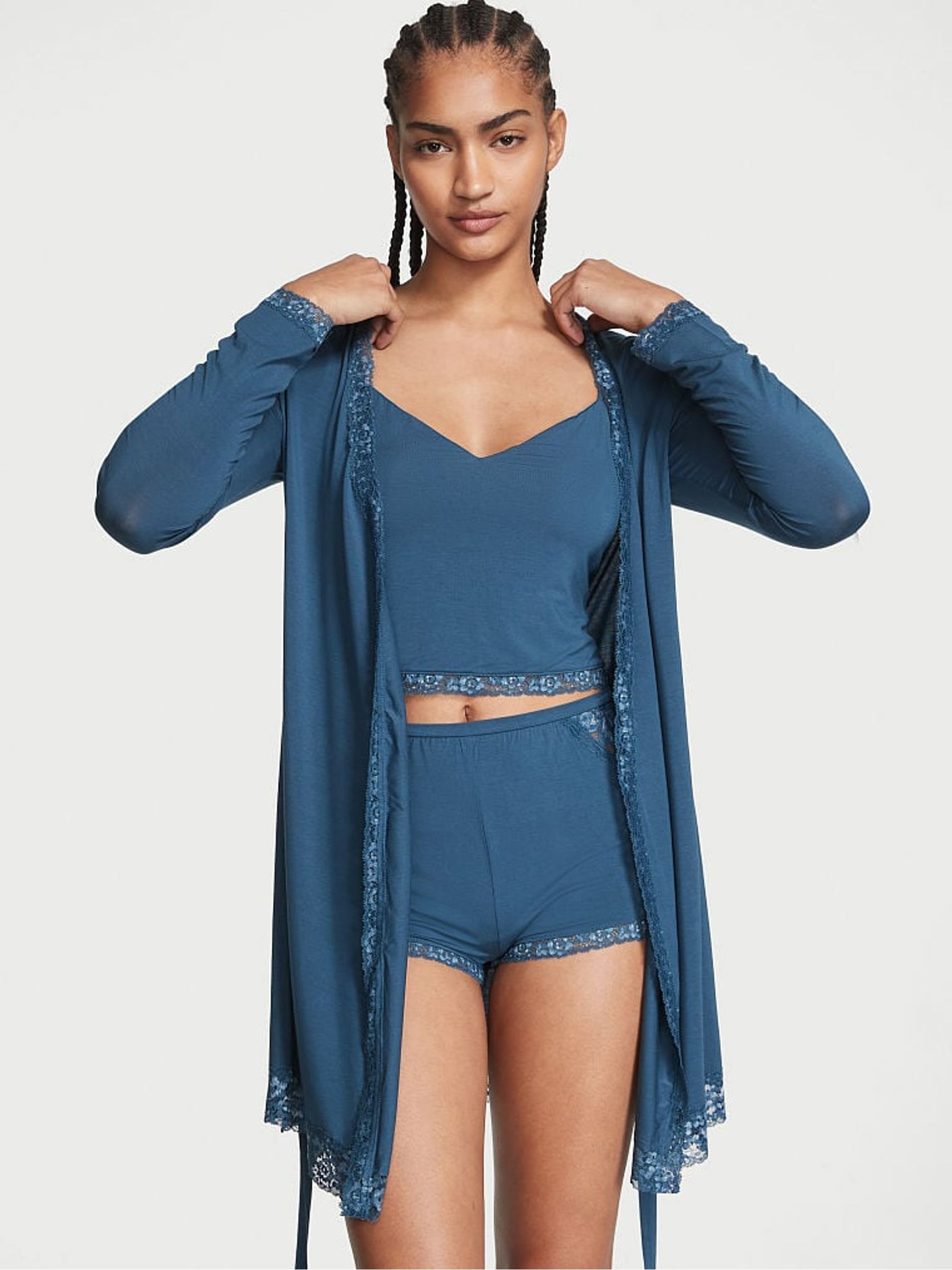Midnight Sea Blue Modal Lace Trim Robe - Image 3 of 4