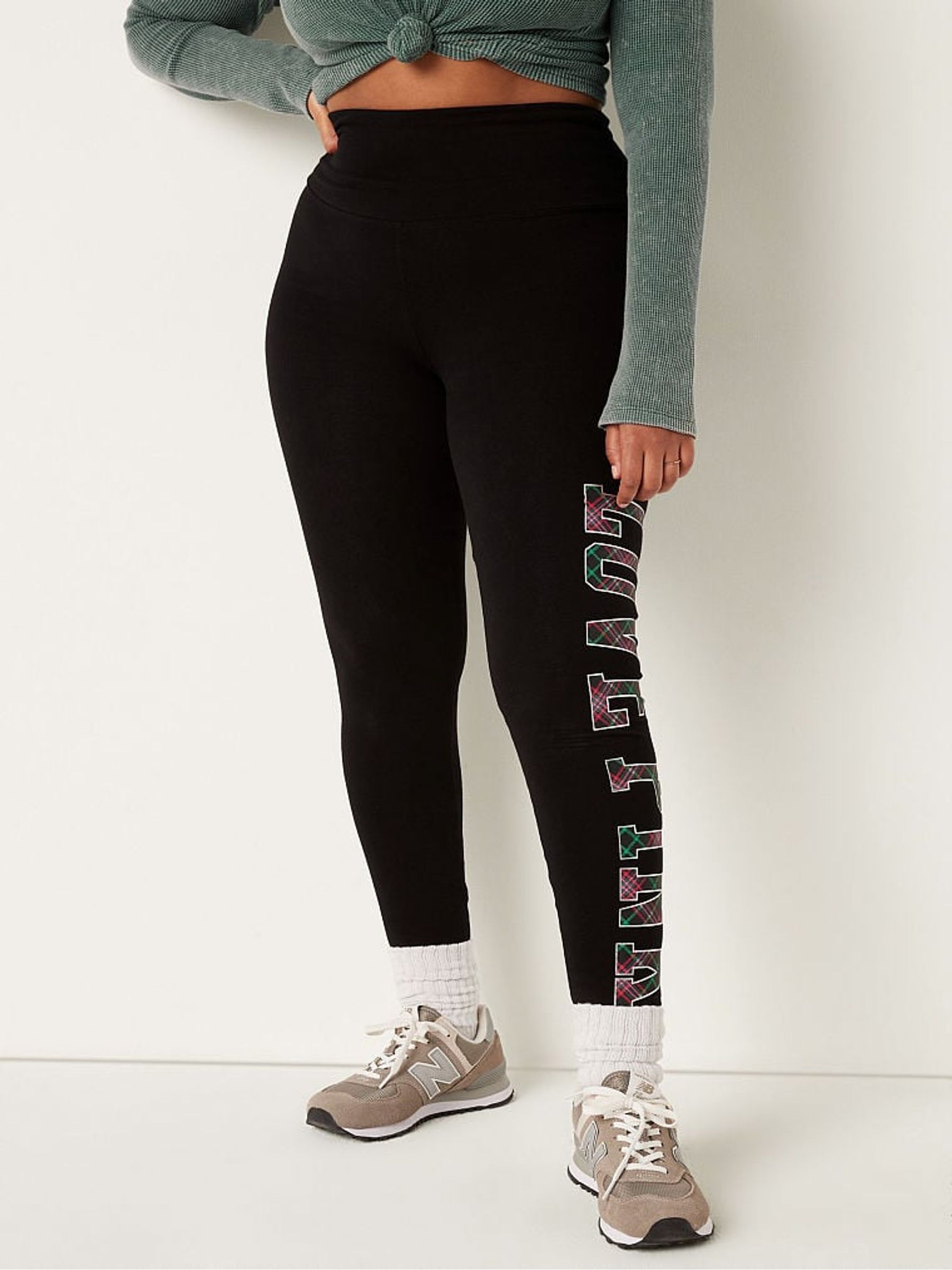 Pure Black with Plaid Logo Cotton High Waist Leggings - Image 1 of 4