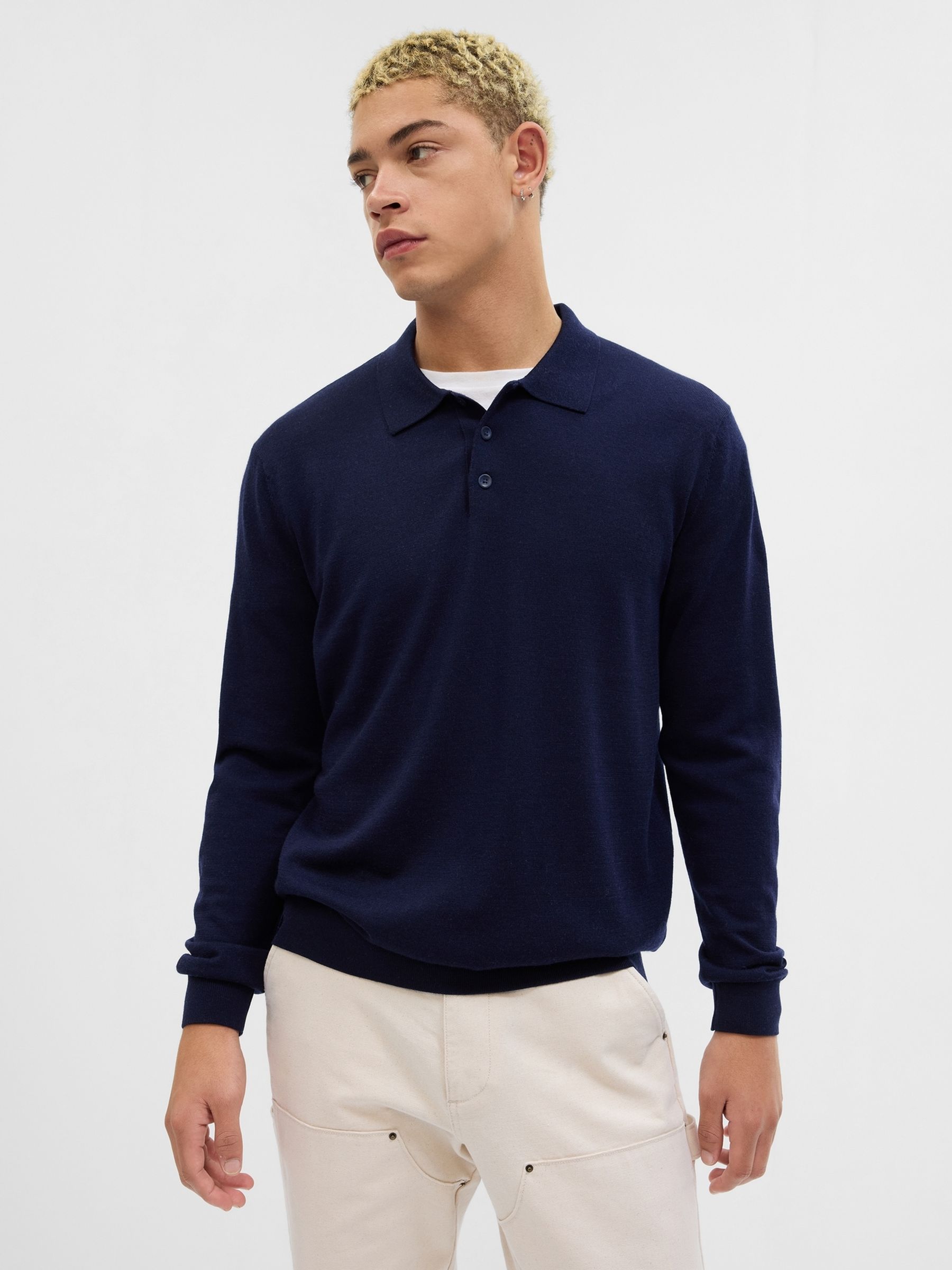 Blue Merino Wool Long Sleeve Polo Jumper - Image 1 of 1