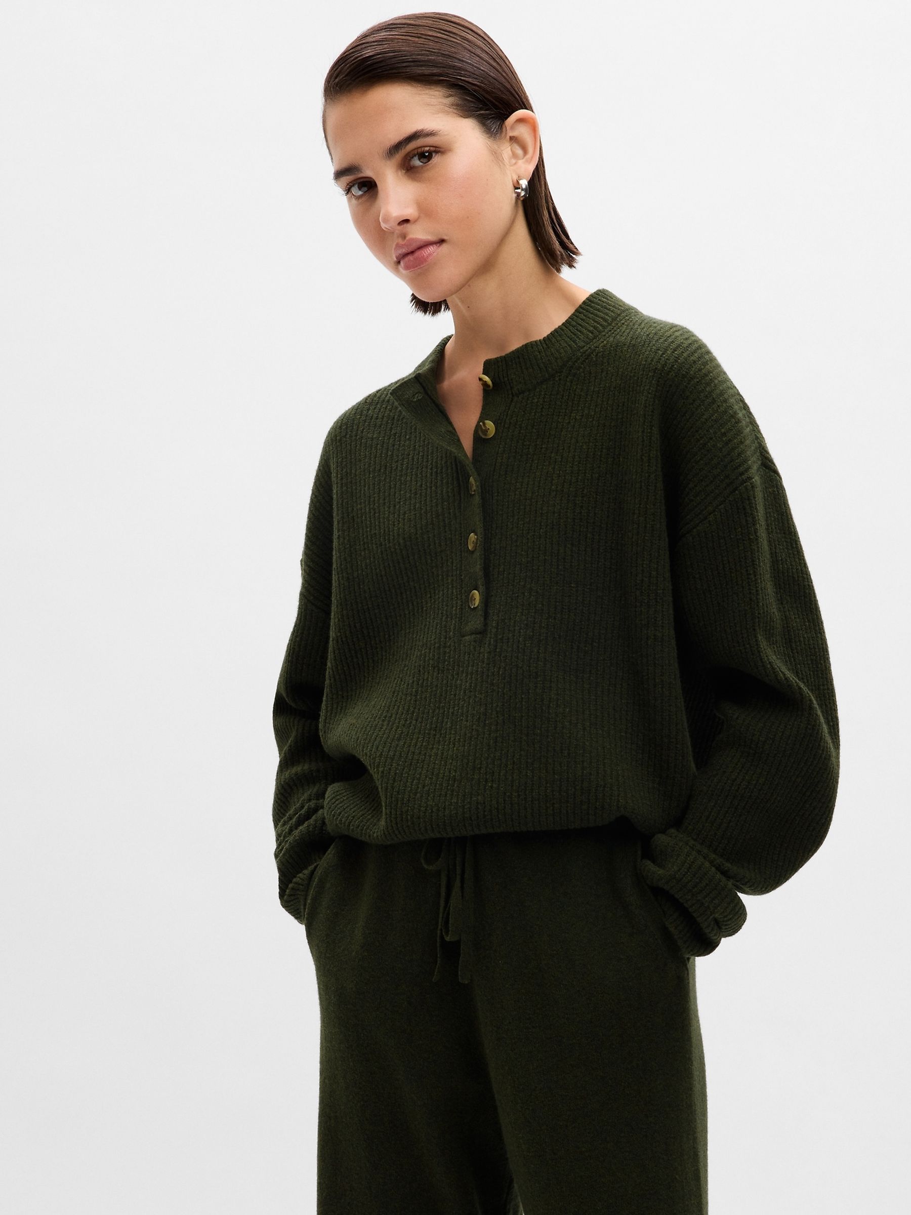 Green CashSoft Henley Long Sleeve Jumper - Image 1 of 2