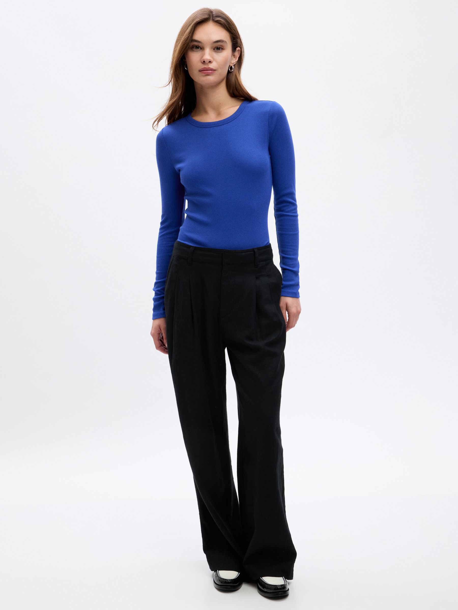 Blue Ribbed Crew Neck Long Sleeve T-Shirt - Image 1 of 2