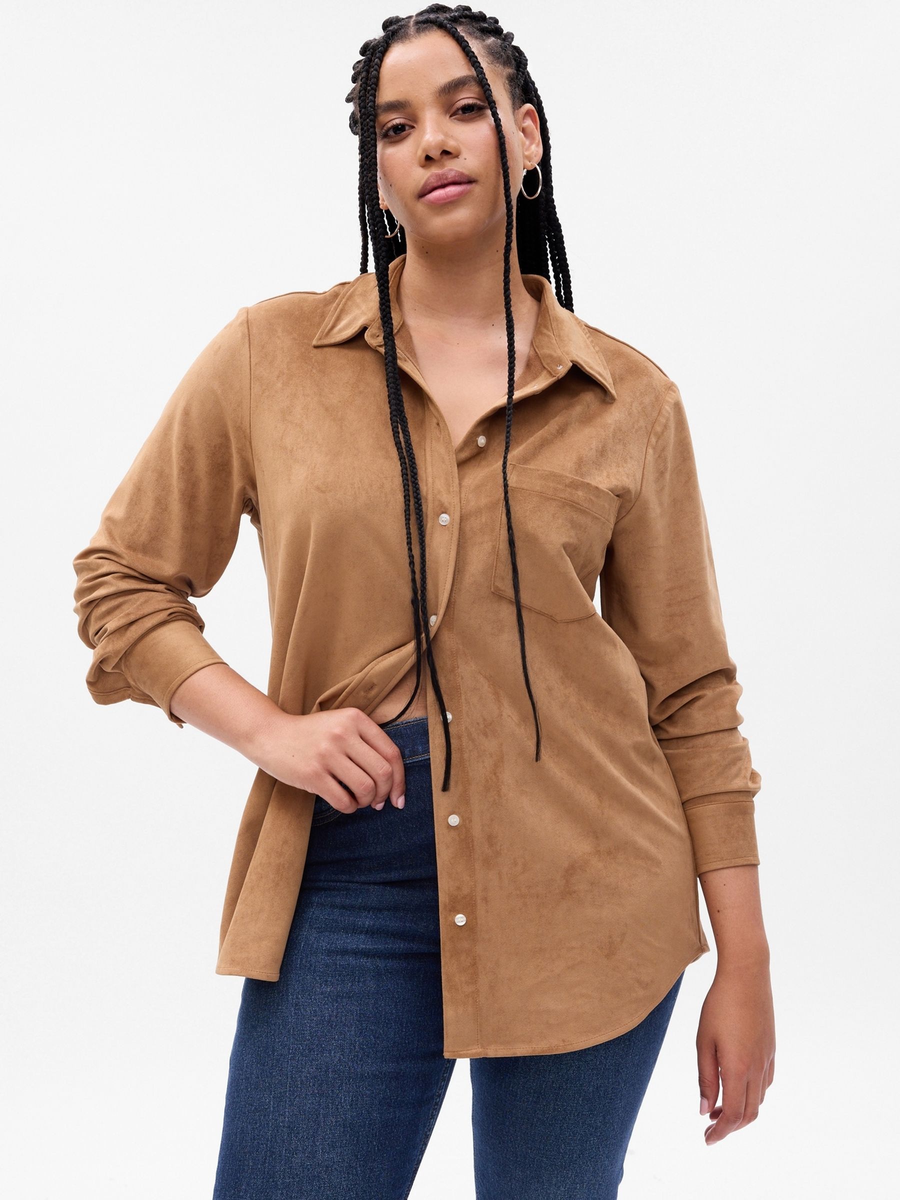 Brown Faux Suede Long Sleeve Shirt - Image 1 of 5