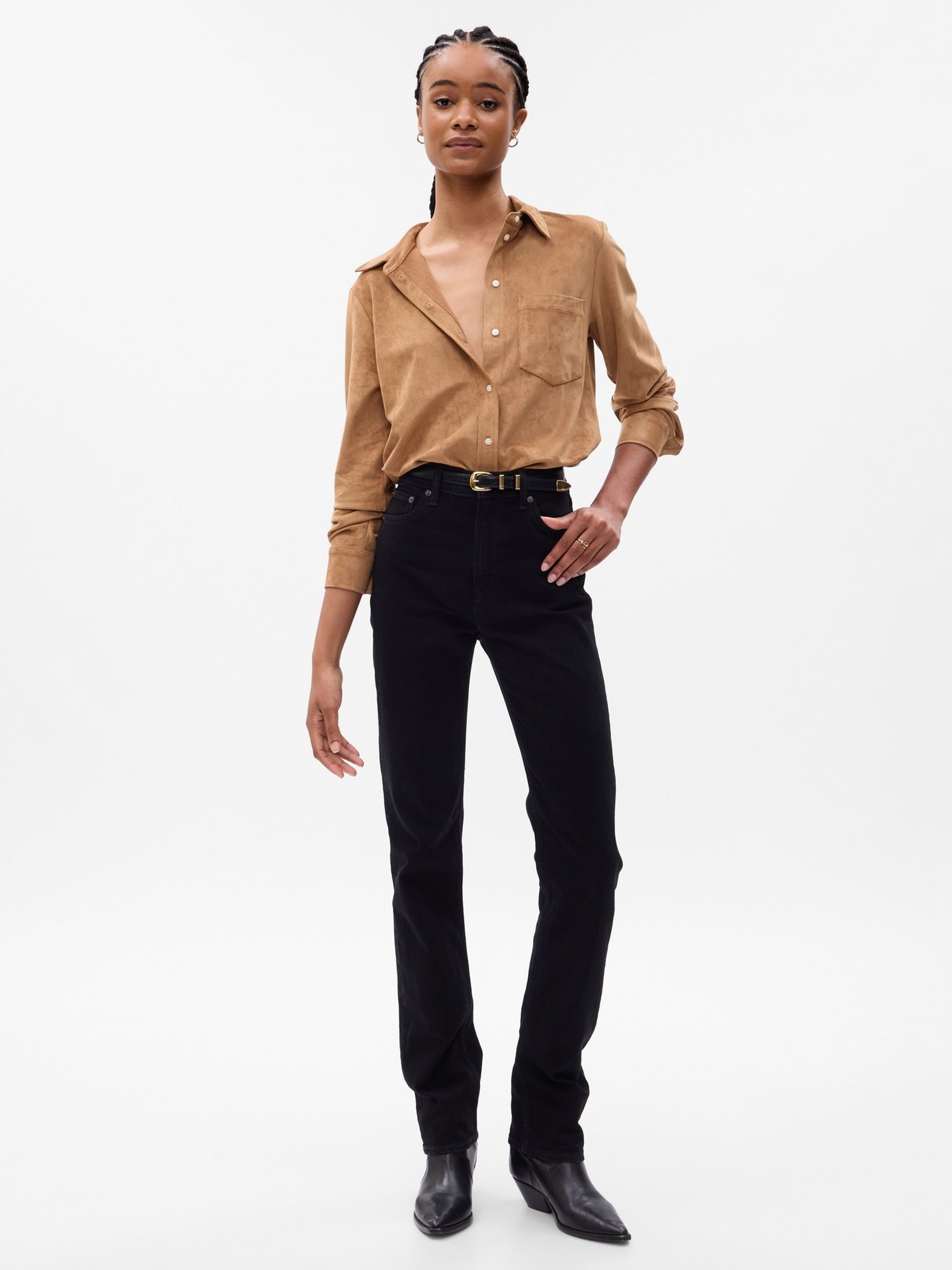 Brown Faux Suede Long Sleeve Shirt - Image 3 of 5