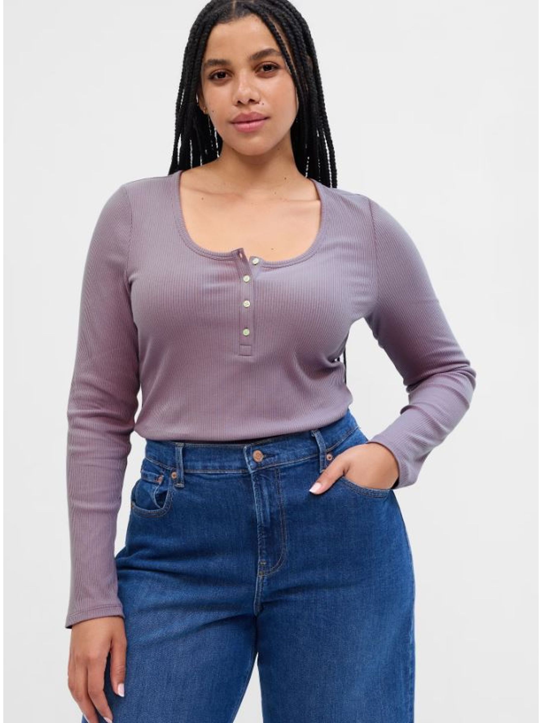 Purple Ribbed Henley Button Long Sleeve Scoop Neck T-Shirt - Image 1 of 4