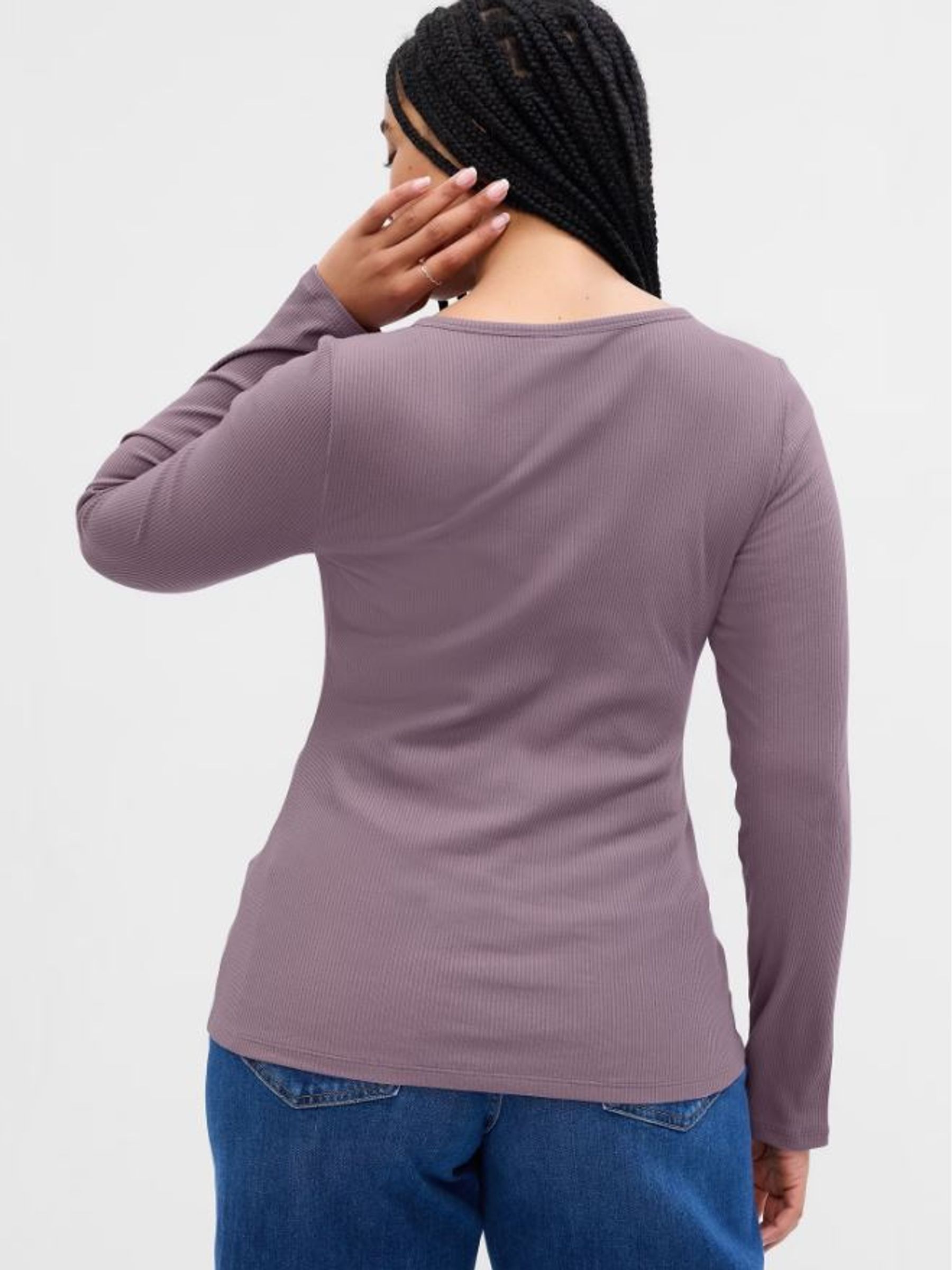 Purple Ribbed Henley Button Long Sleeve Scoop Neck T-Shirt - Image 2 of 4