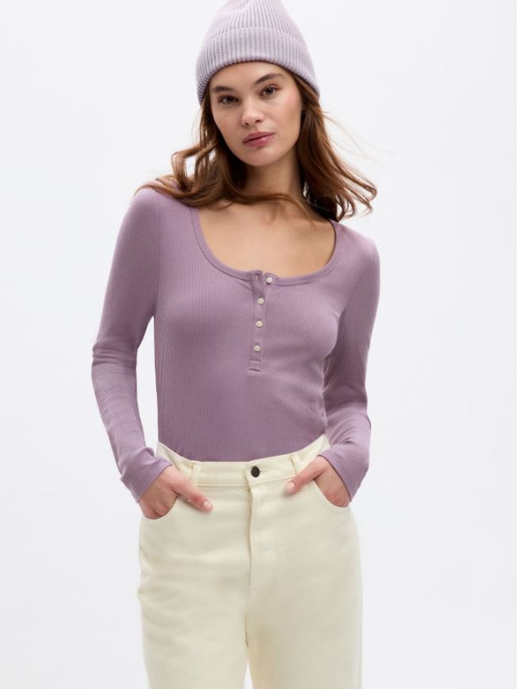 Purple Ribbed Henley Button Long Sleeve Scoop Neck T-Shirt - Image 3 of 4