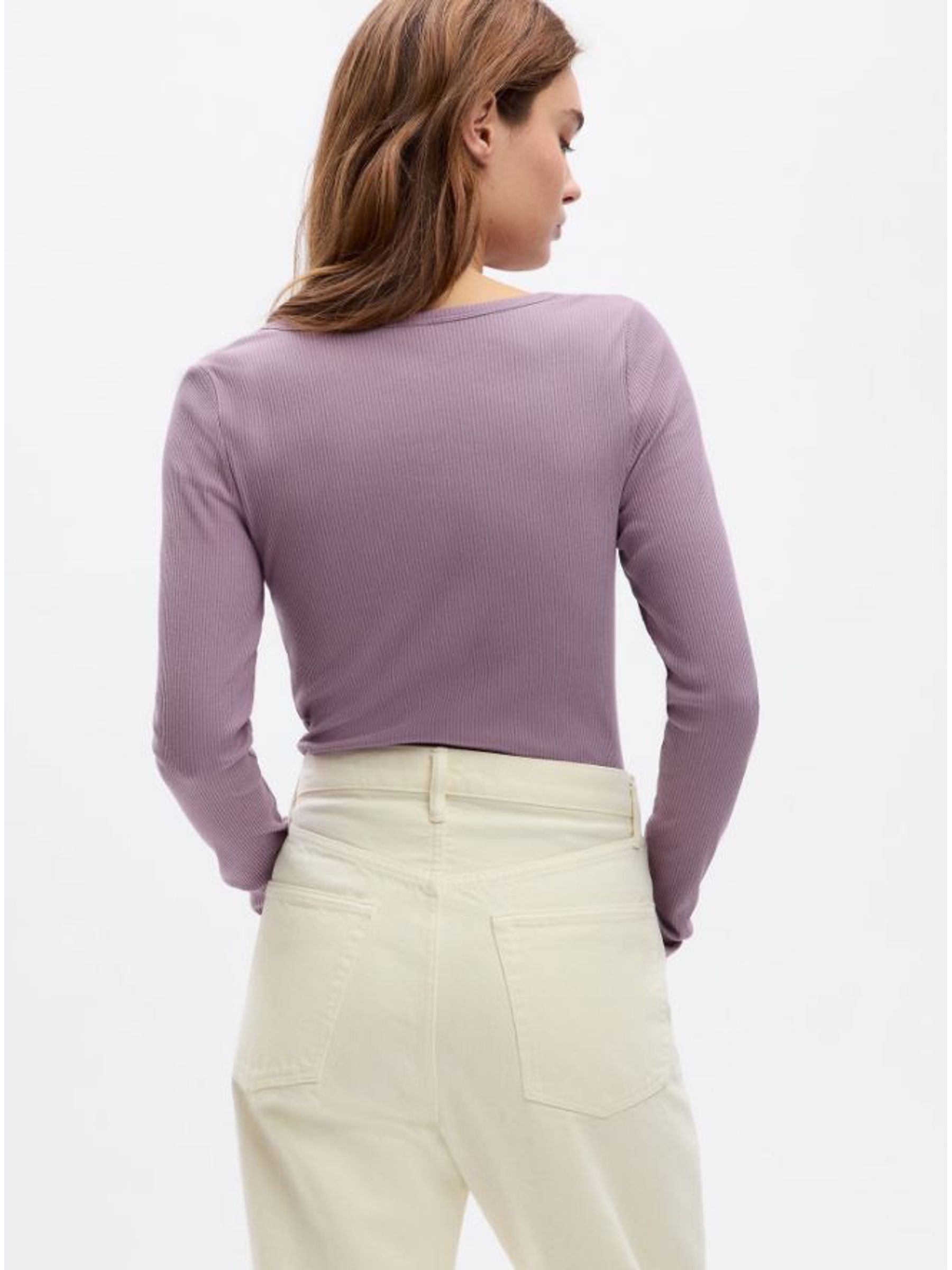 Purple Ribbed Henley Button Long Sleeve Scoop Neck T-Shirt - Image 4 of 4