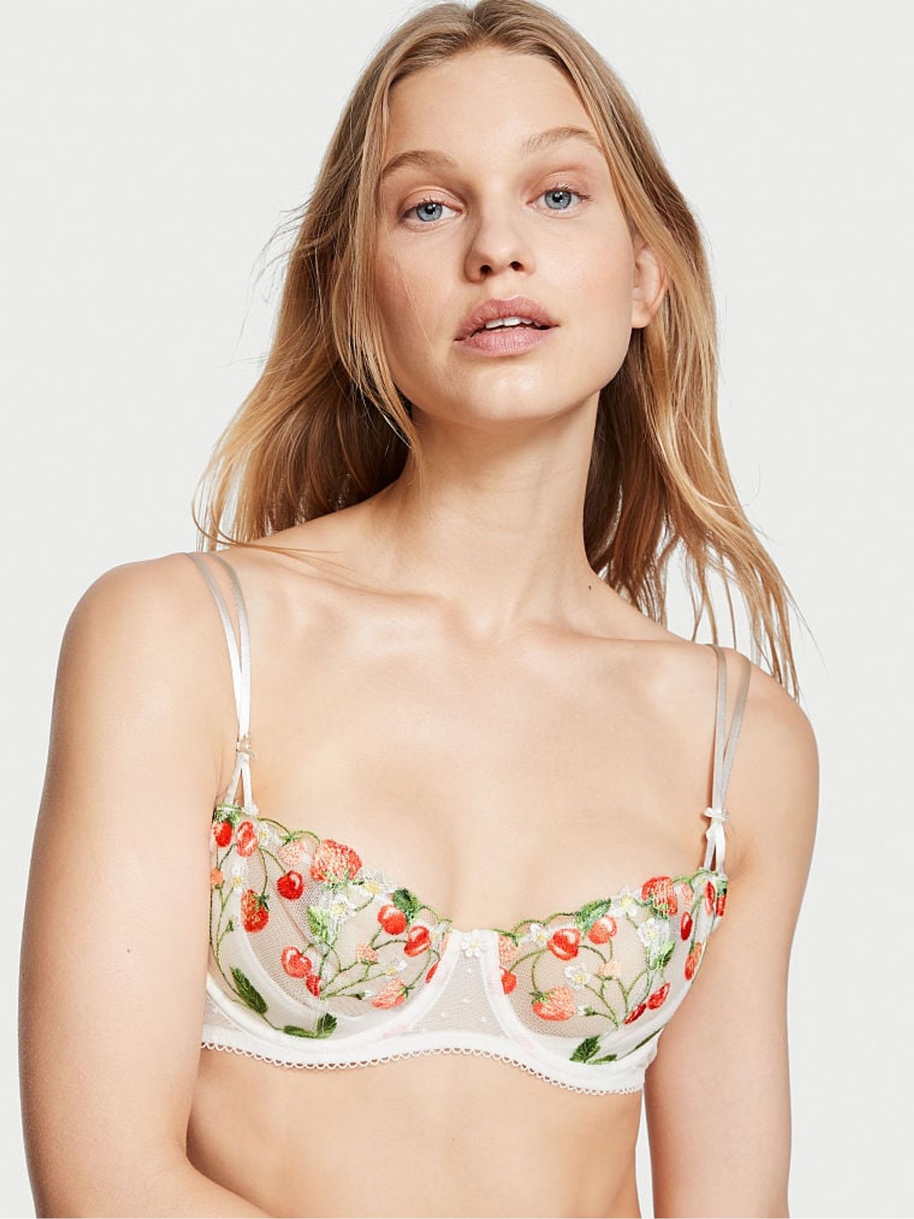 White Strawberry Embroidered Embroidered Unlined Balcony Bra - Image 1 of 3