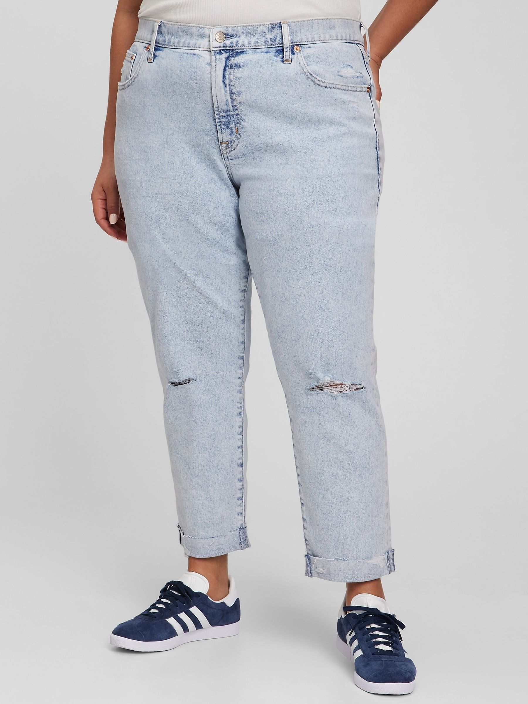 Light Wash Blue Mid Rise Rip Knee Girlfriend Jeans - Image 4 of 7