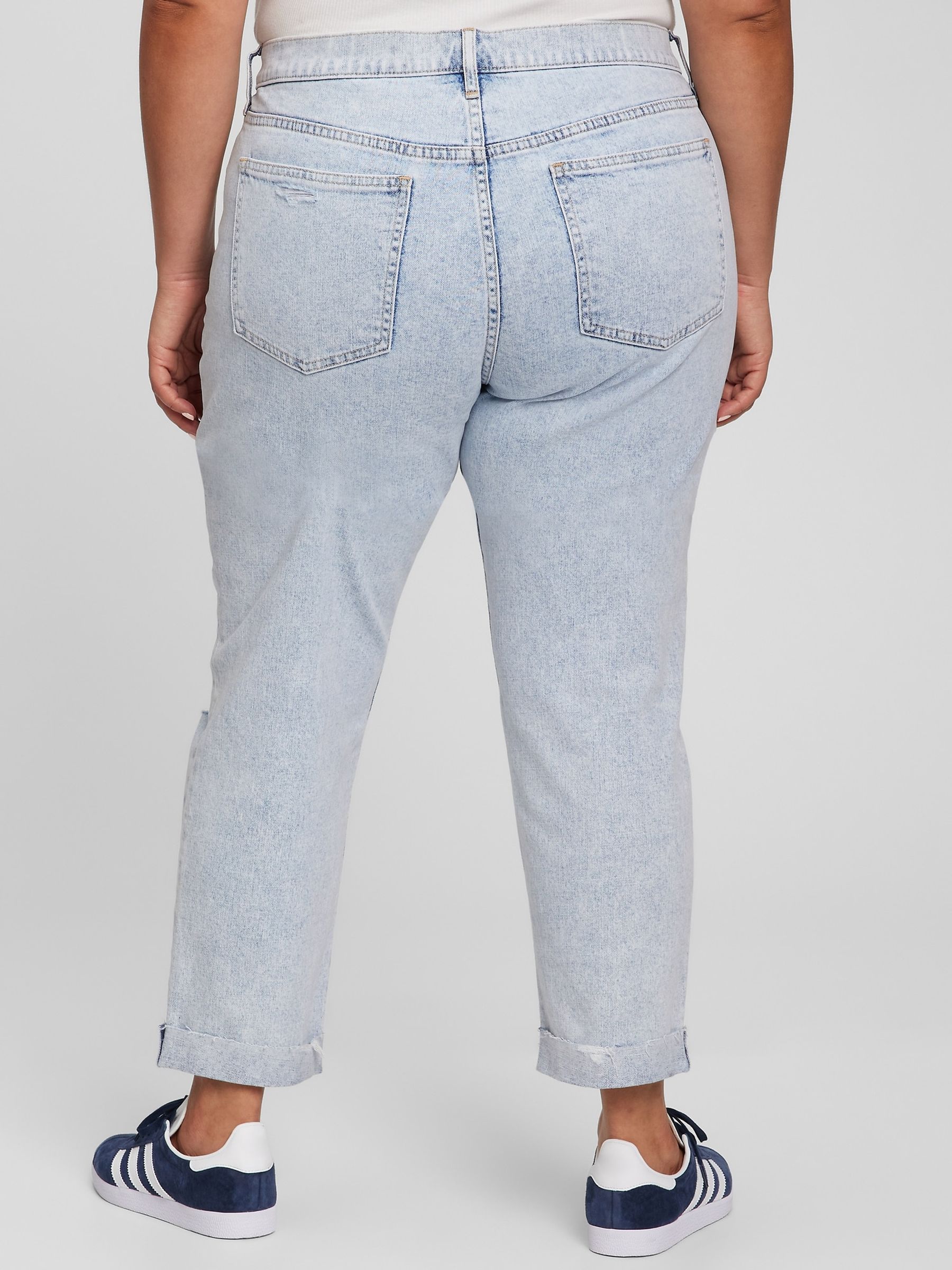 Light Wash Blue Mid Rise Rip Knee Girlfriend Jeans - Image 5 of 7