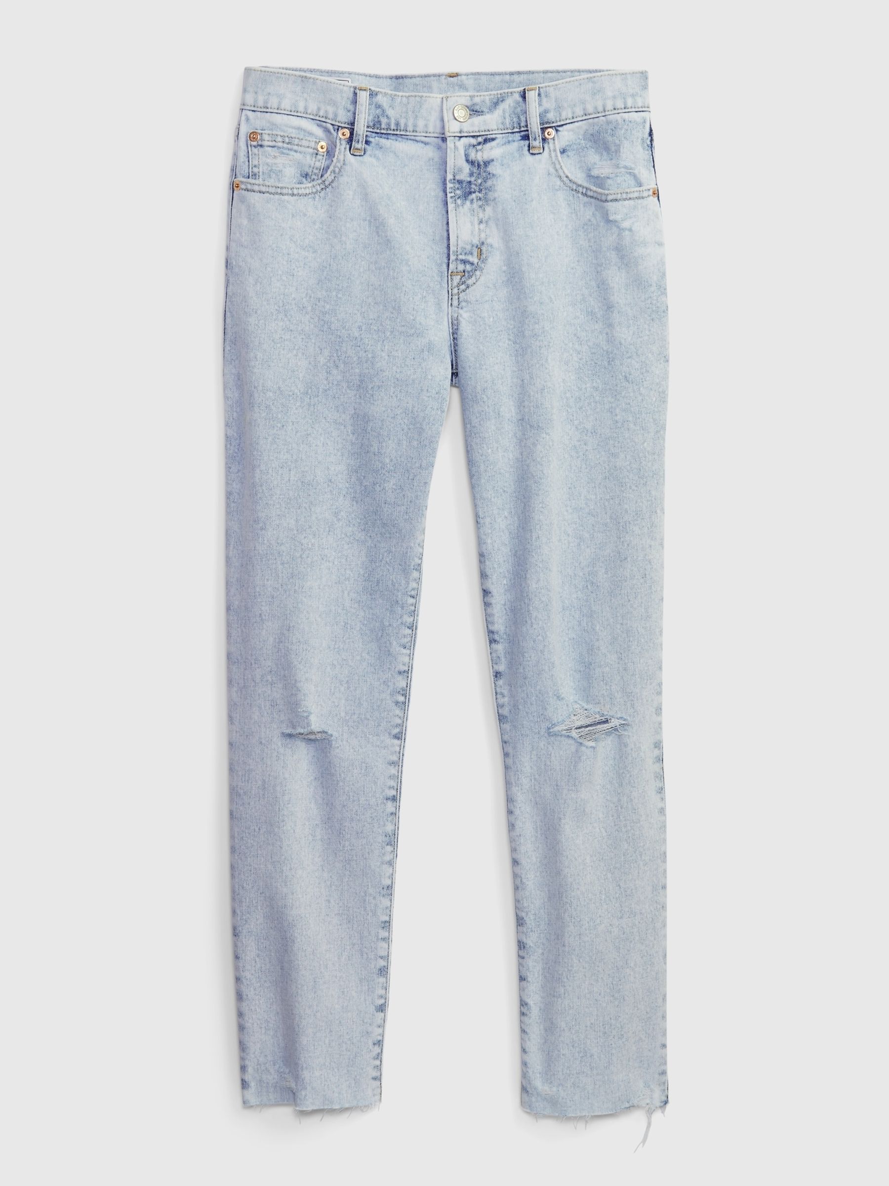 Light Wash Blue Mid Rise Rip Knee Girlfriend Jeans - Image 6 of 7