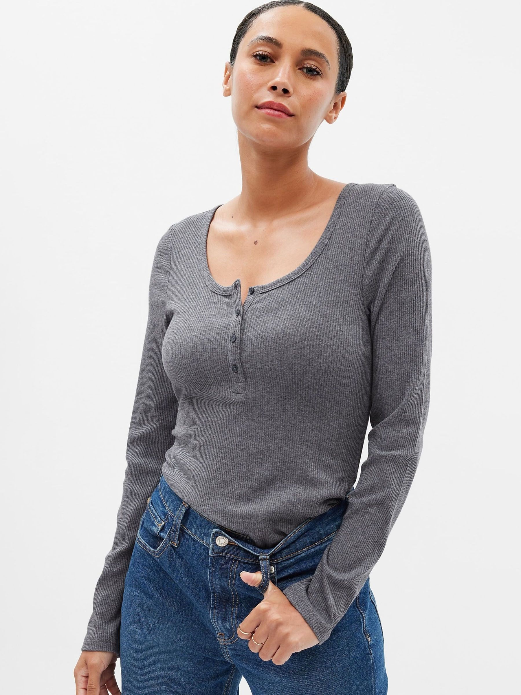 Grey Ribbed Henley Button Long Sleeve Scoop Neck T-Shirt - Image 1 of 2