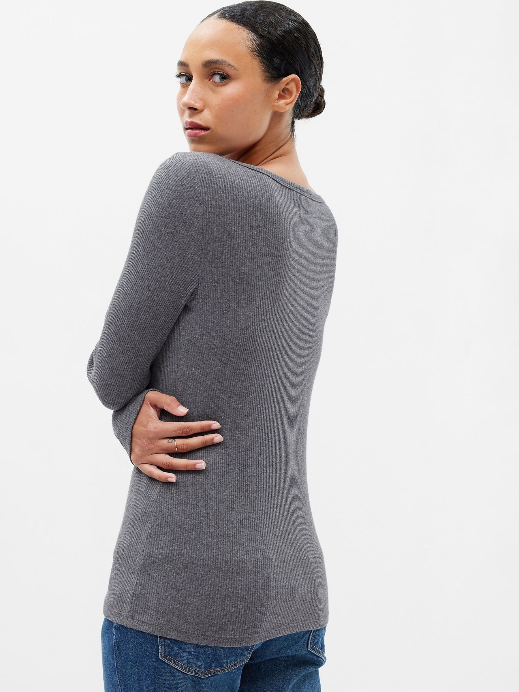 Grey Ribbed Henley Button Long Sleeve Scoop Neck T-Shirt - Image 2 of 2