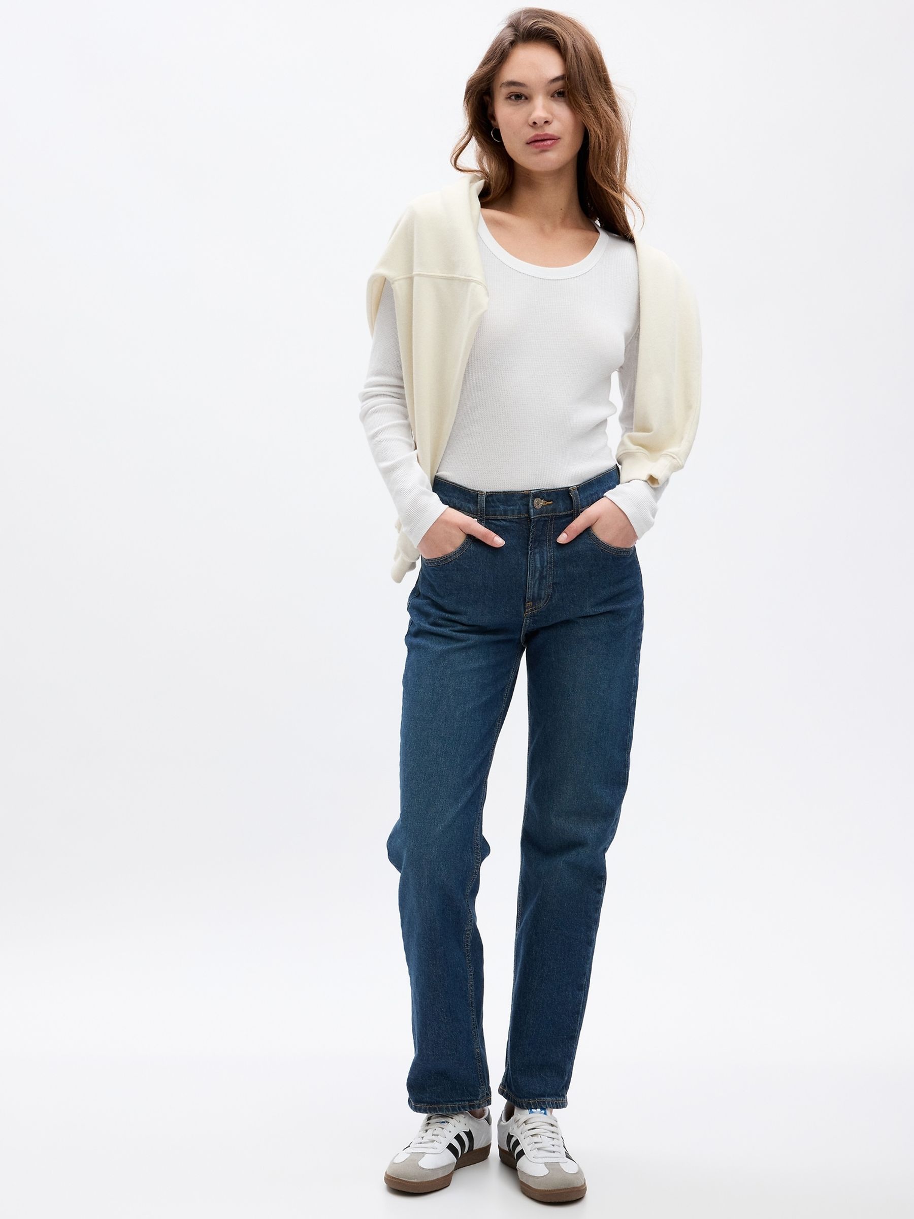 White Waffle-Knit Long Sleeve Crew Neck T-Shirt - Image 1 of 2