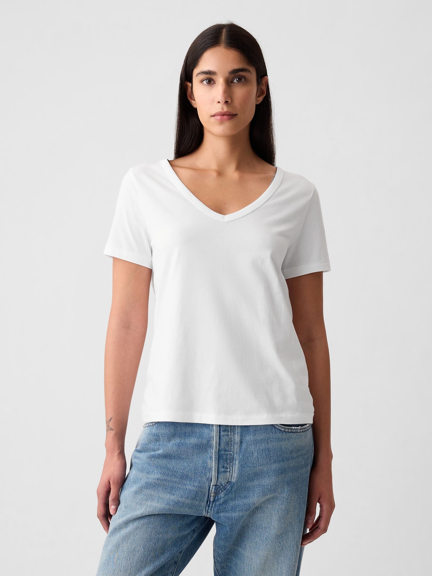 White V-Neck Vintage 100% Organic Cotton Short Sleeve T-Shirt - Image 1 of 9