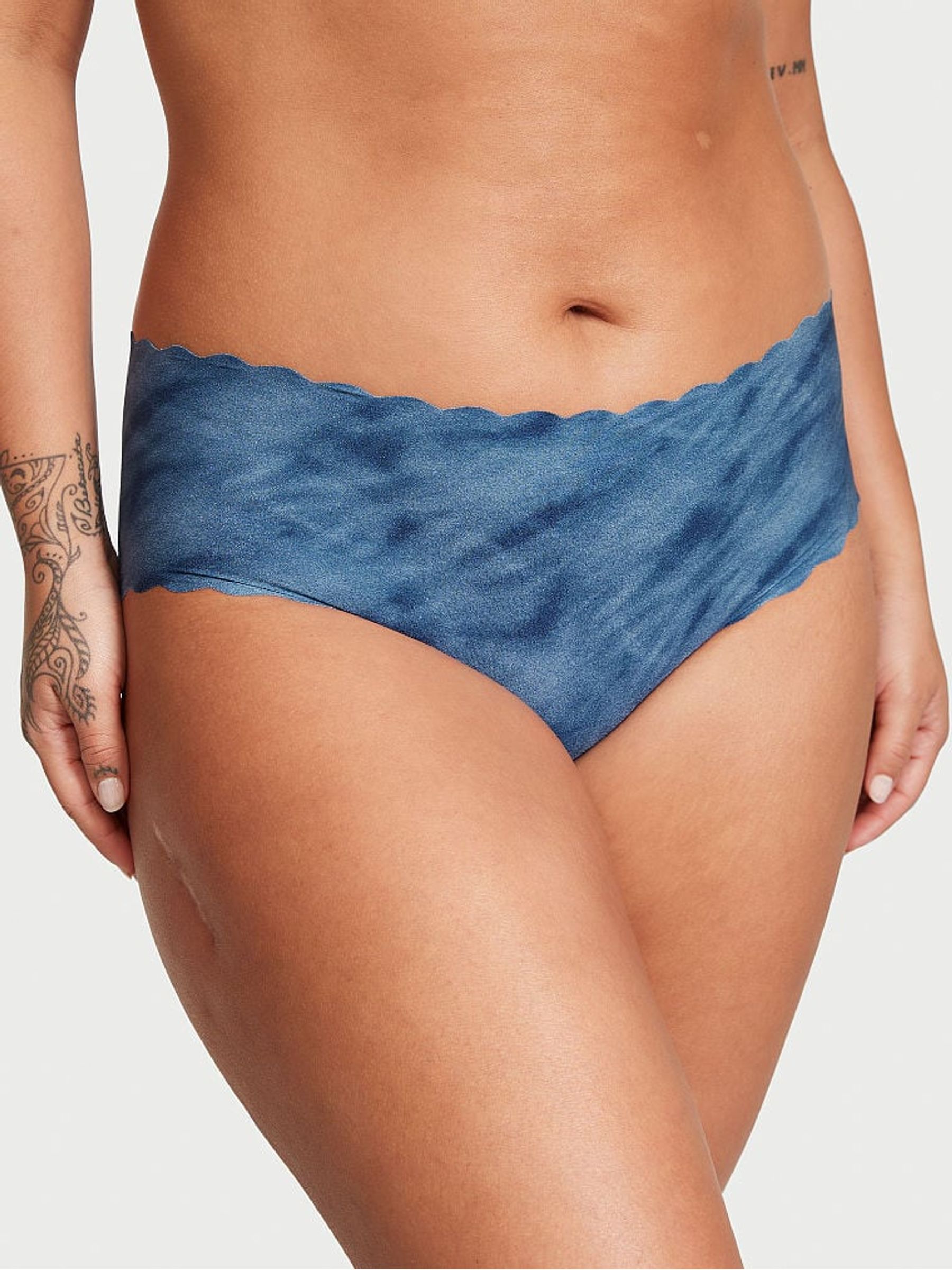 Faded Denim Blue Scalloped Raw Cut Hipster Knickers - Image 1 of 3