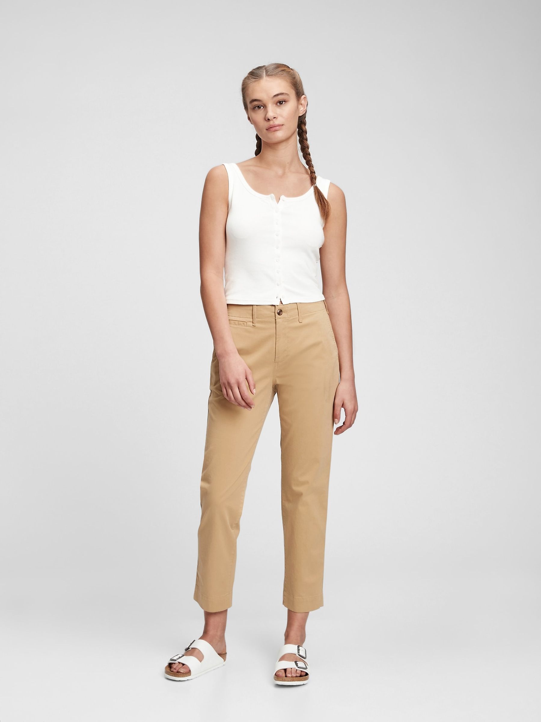 Brown High Waisted Straight Khaki Trousers with Washwell - Image 1 of 1