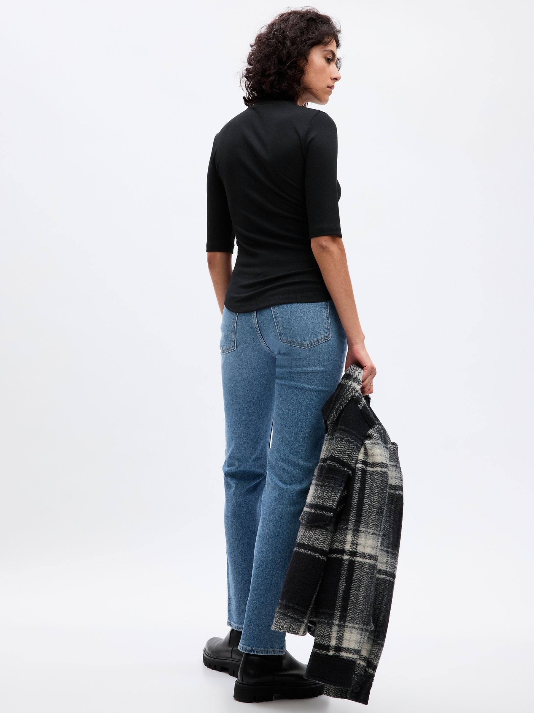 Black Ribbed Stripe Short Sleeve Mock Neck T-Shirt - Image 2 of 2