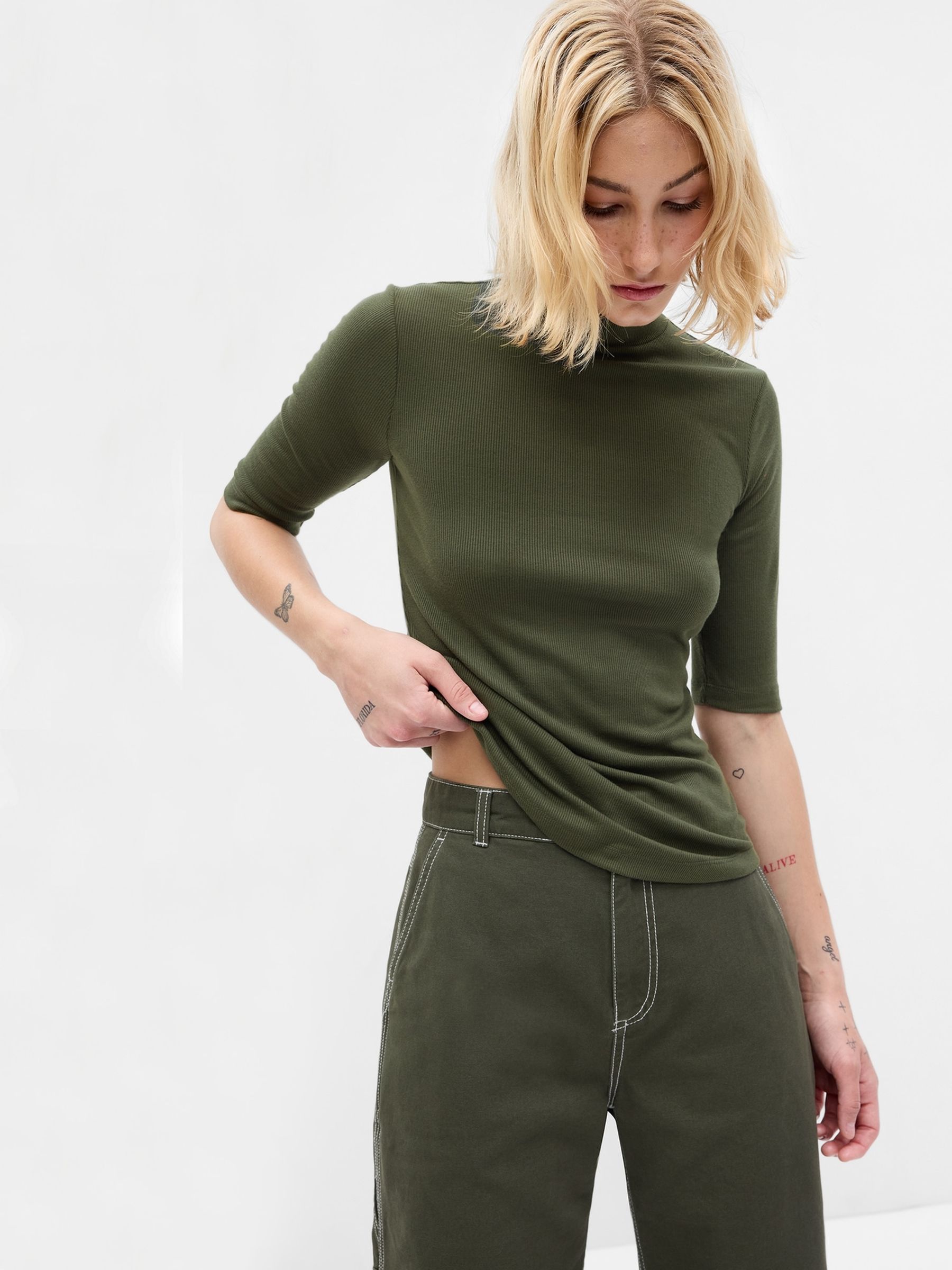 Green Ribbed Stripe Short Sleeve Mock Neck T-Shirt - Image 1 of 2