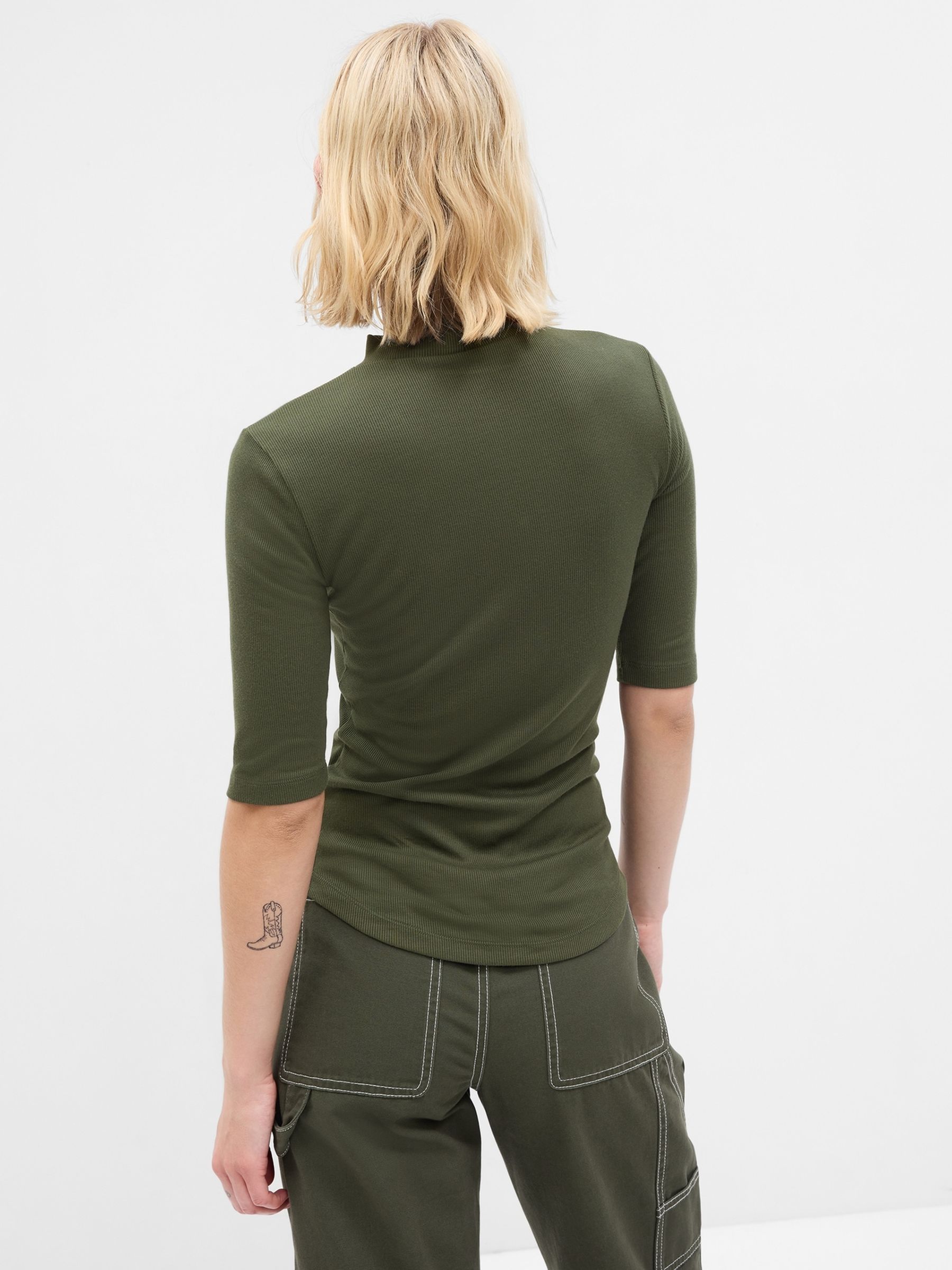 Green Ribbed Stripe Short Sleeve Mock Neck T-Shirt - Image 2 of 2