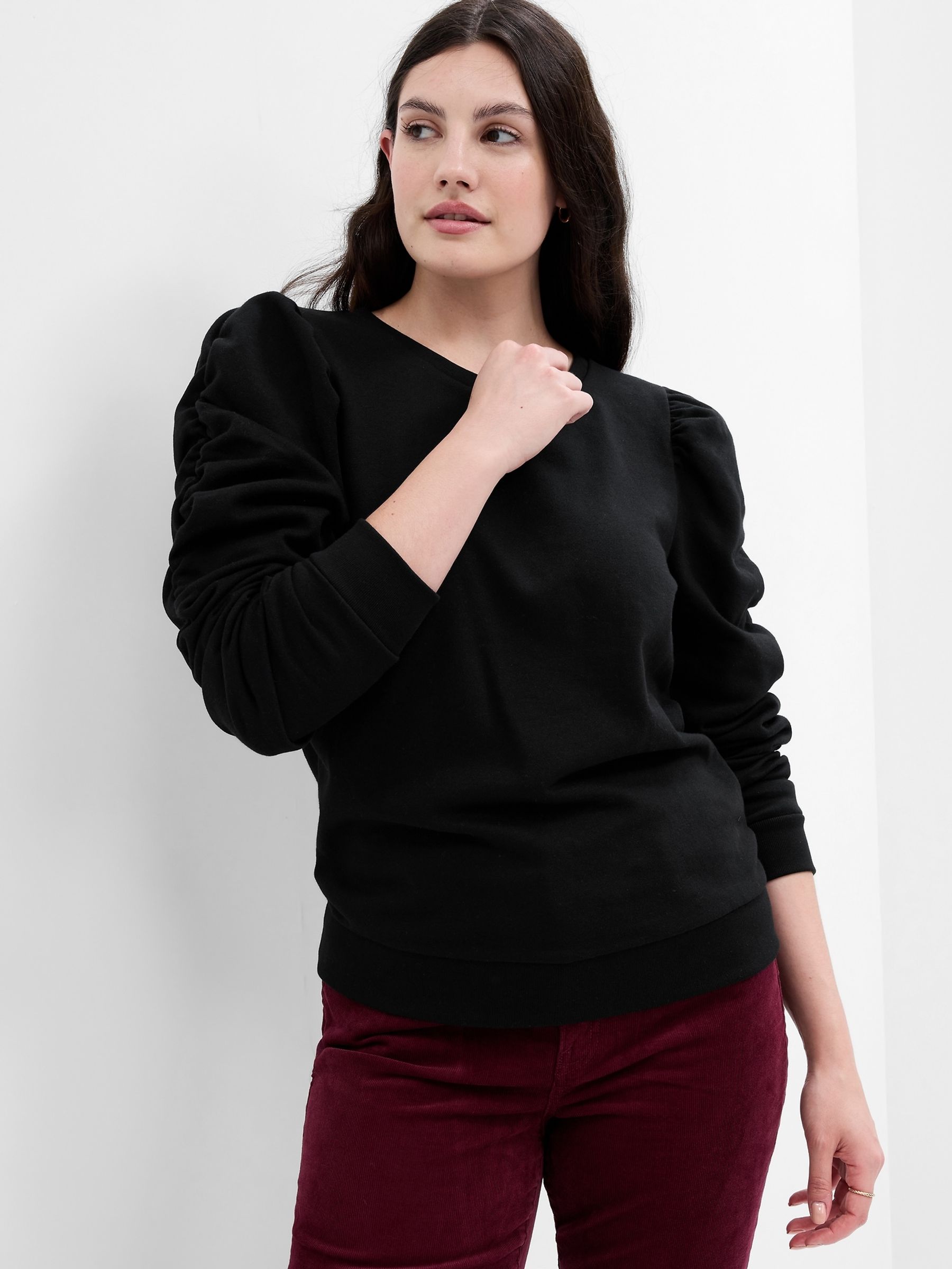 Black Puff Sleeve Crew Neck Sweatshirt - Image 1 of 6