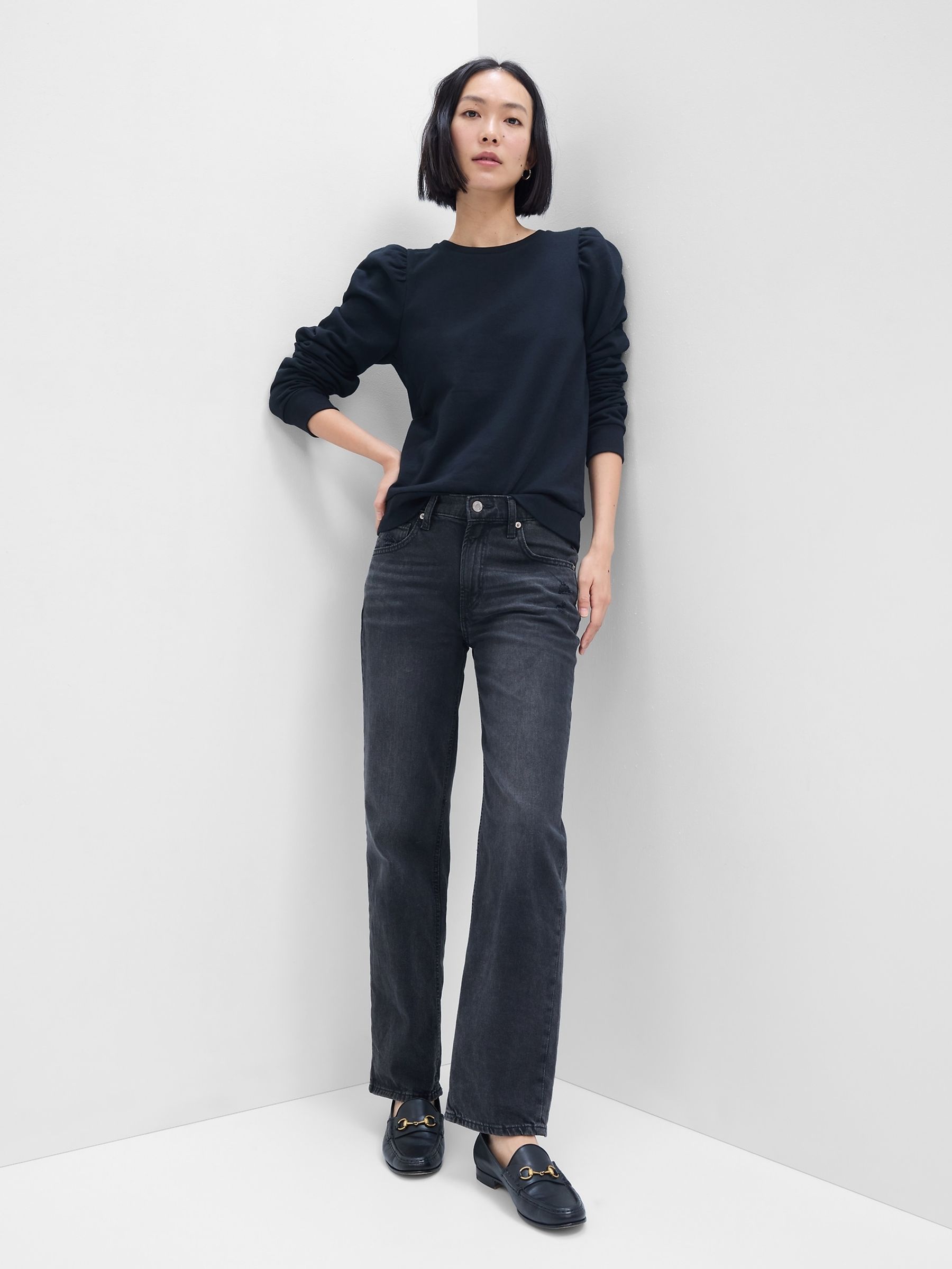 Black Puff Sleeve Crew Neck Sweatshirt - Image 3 of 6
