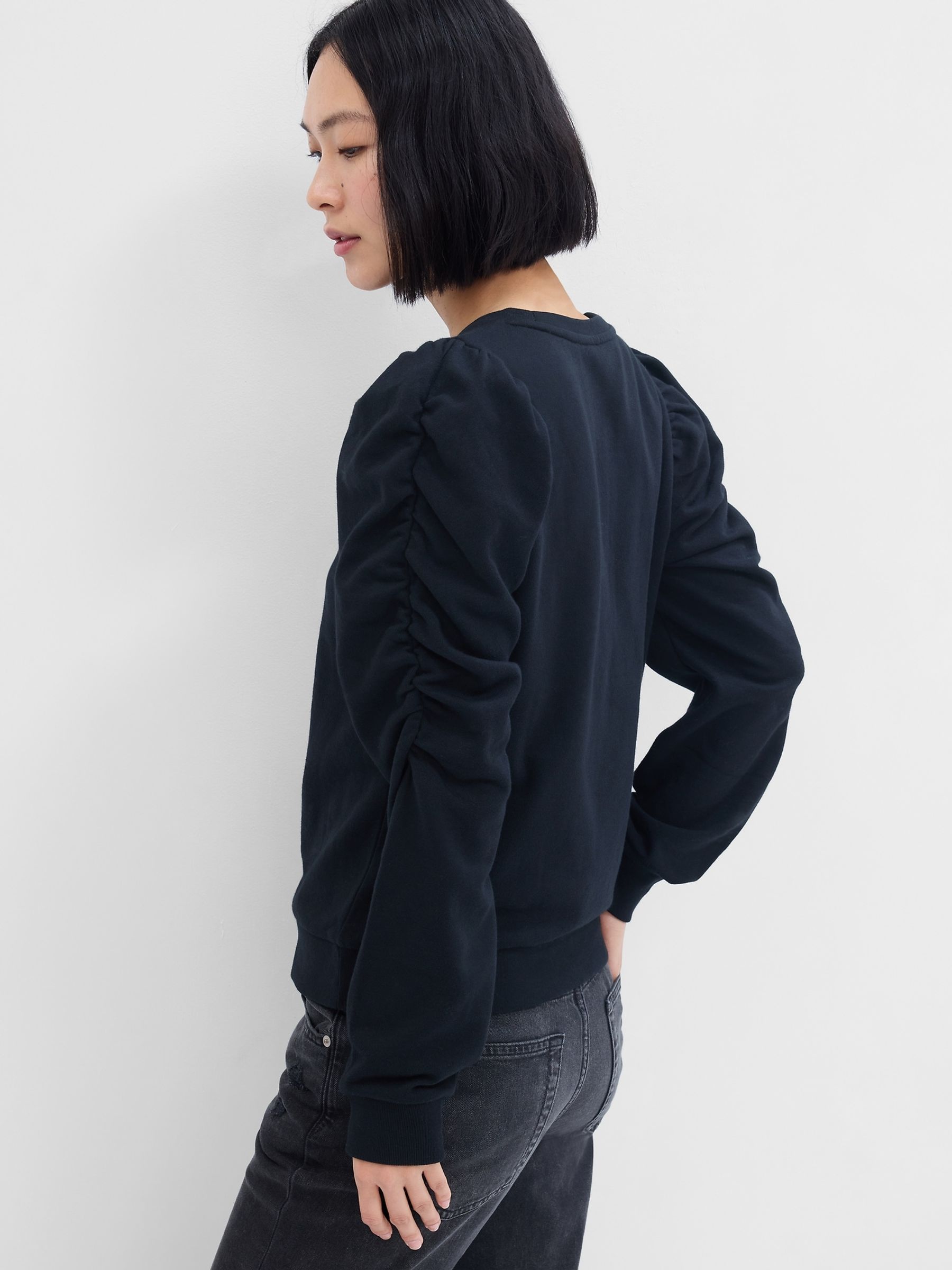 Black Puff Sleeve Crew Neck Sweatshirt - Image 4 of 6