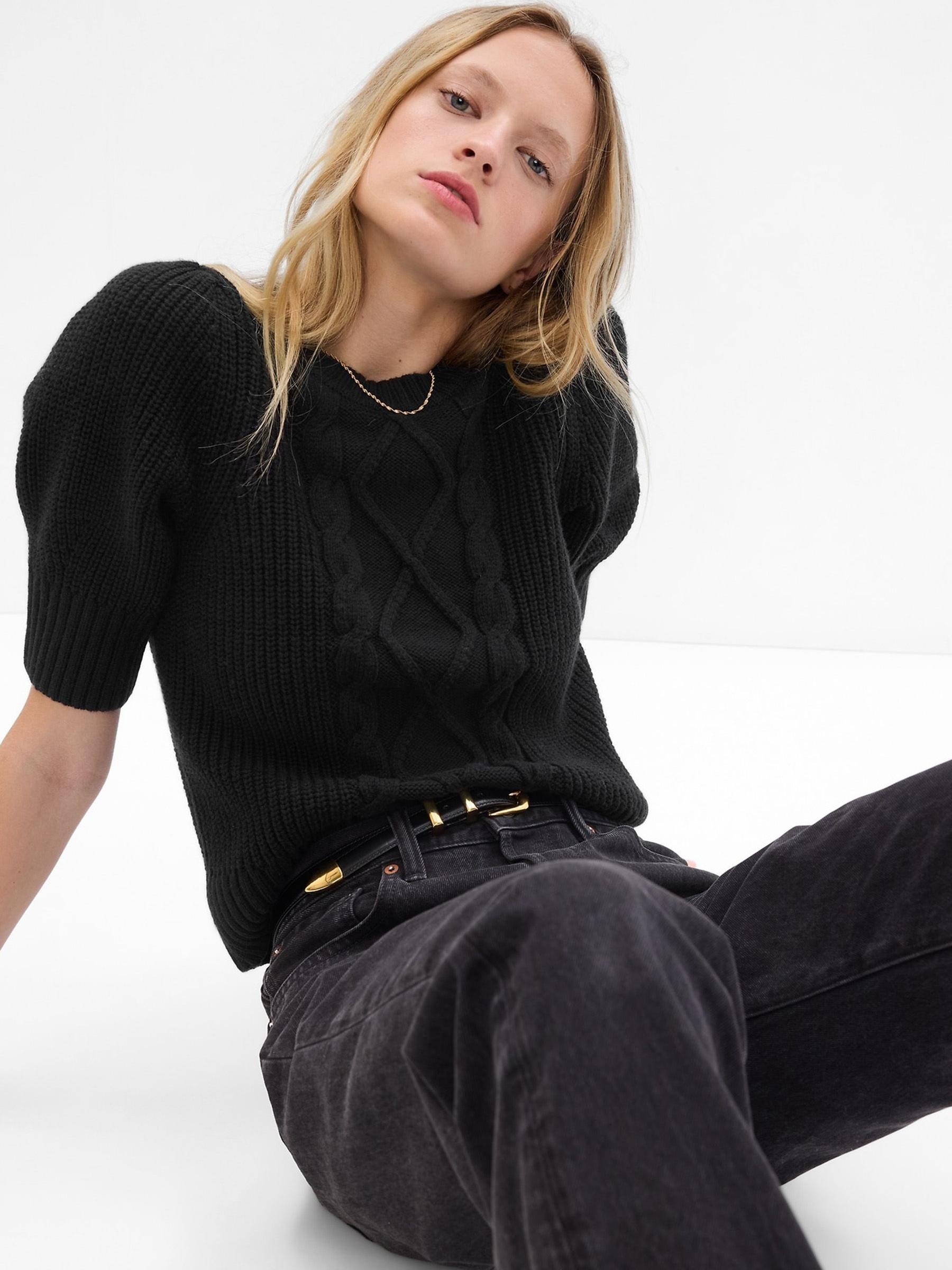 Black Cable-Knit Puff Sleeve Jumper | Gap