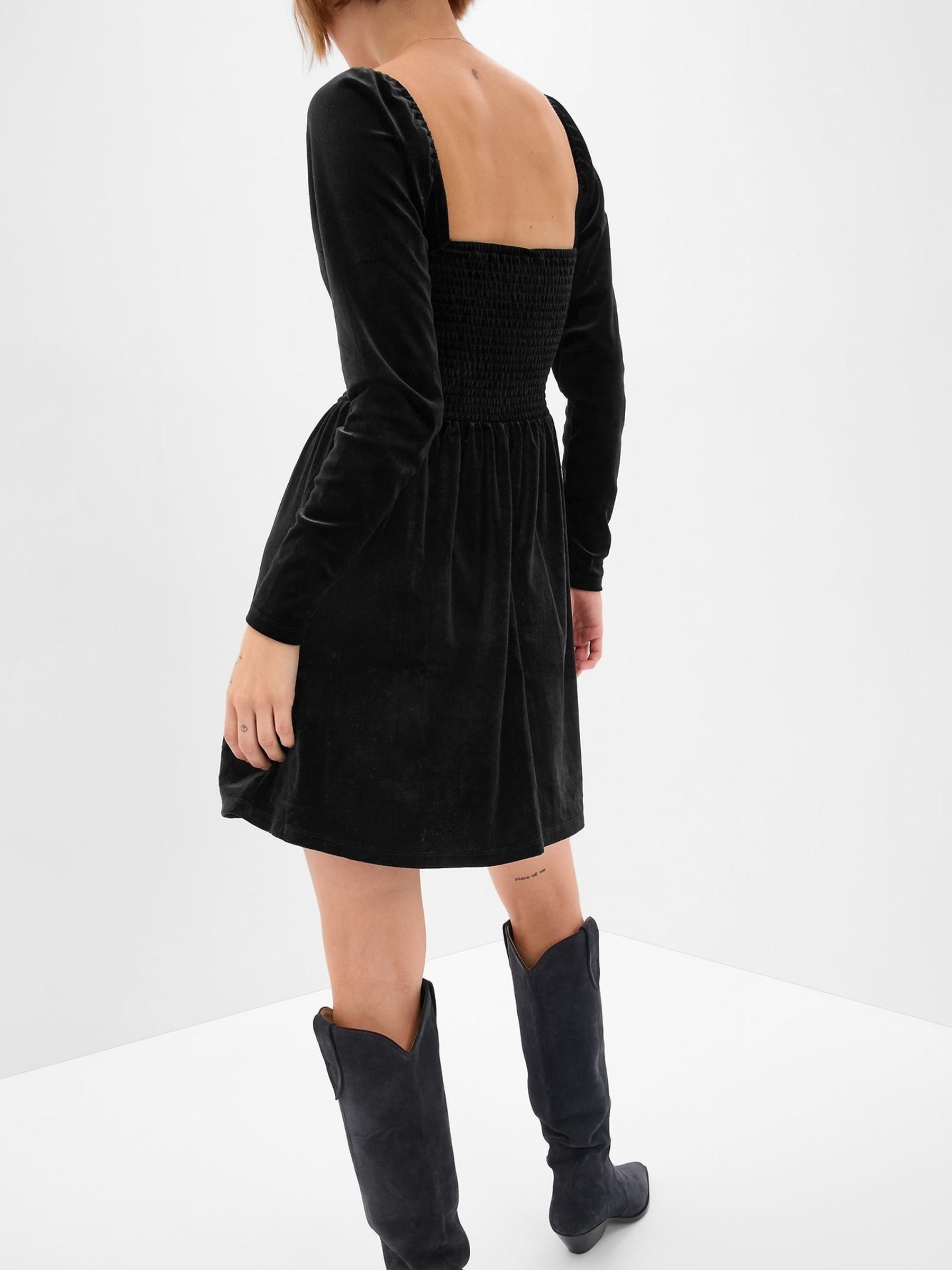 Black Smocked Velvet Long Sleeve Mini Dress - Image 2 of 5