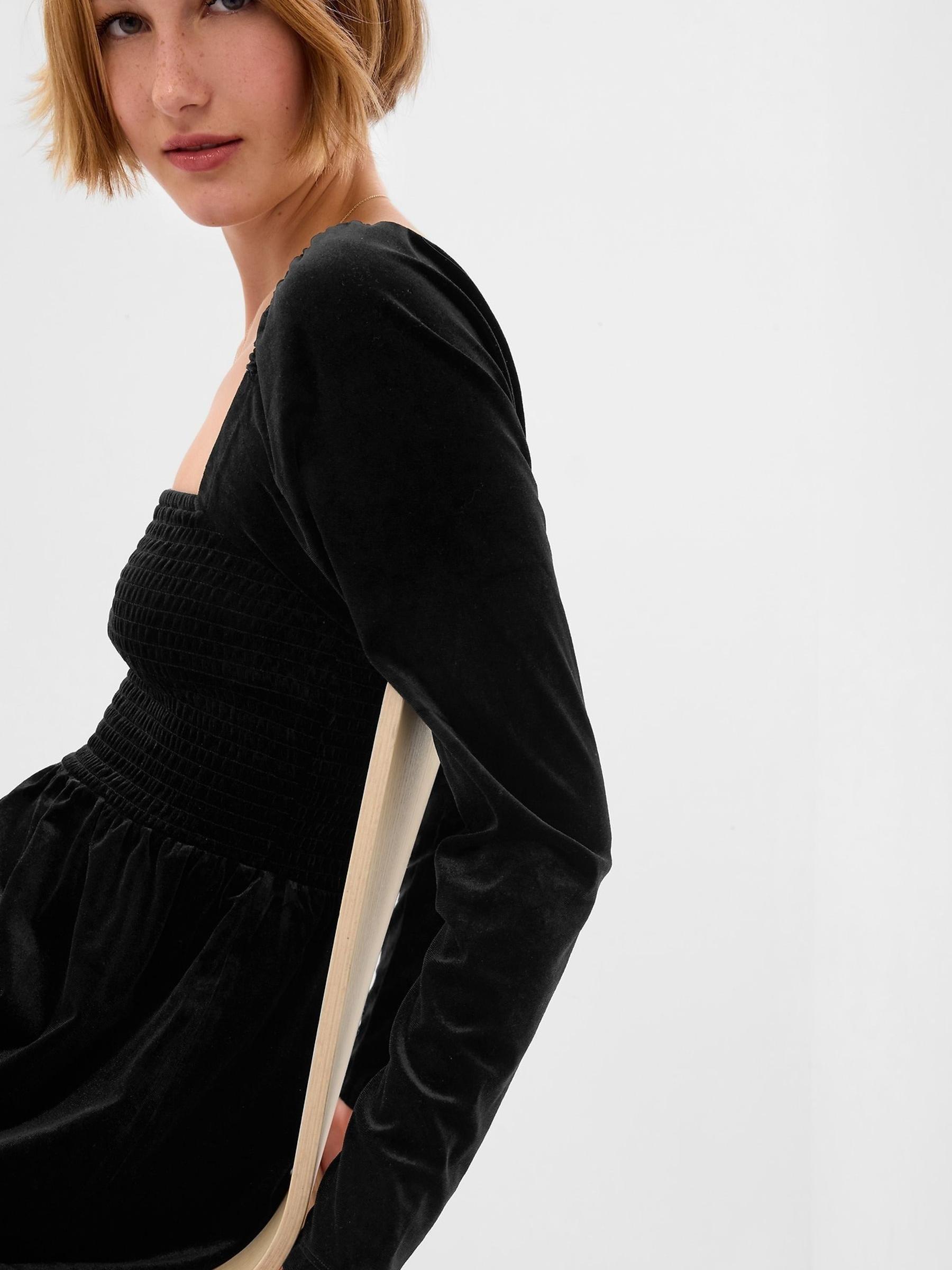 Black Smocked Velvet Long Sleeve Mini Dress - Image 3 of 5