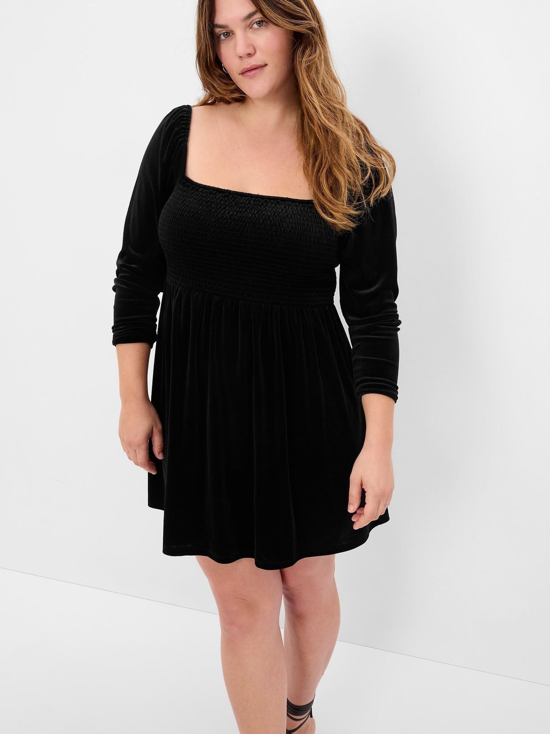 Black Smocked Velvet Long Sleeve Mini Dress - Image 4 of 5