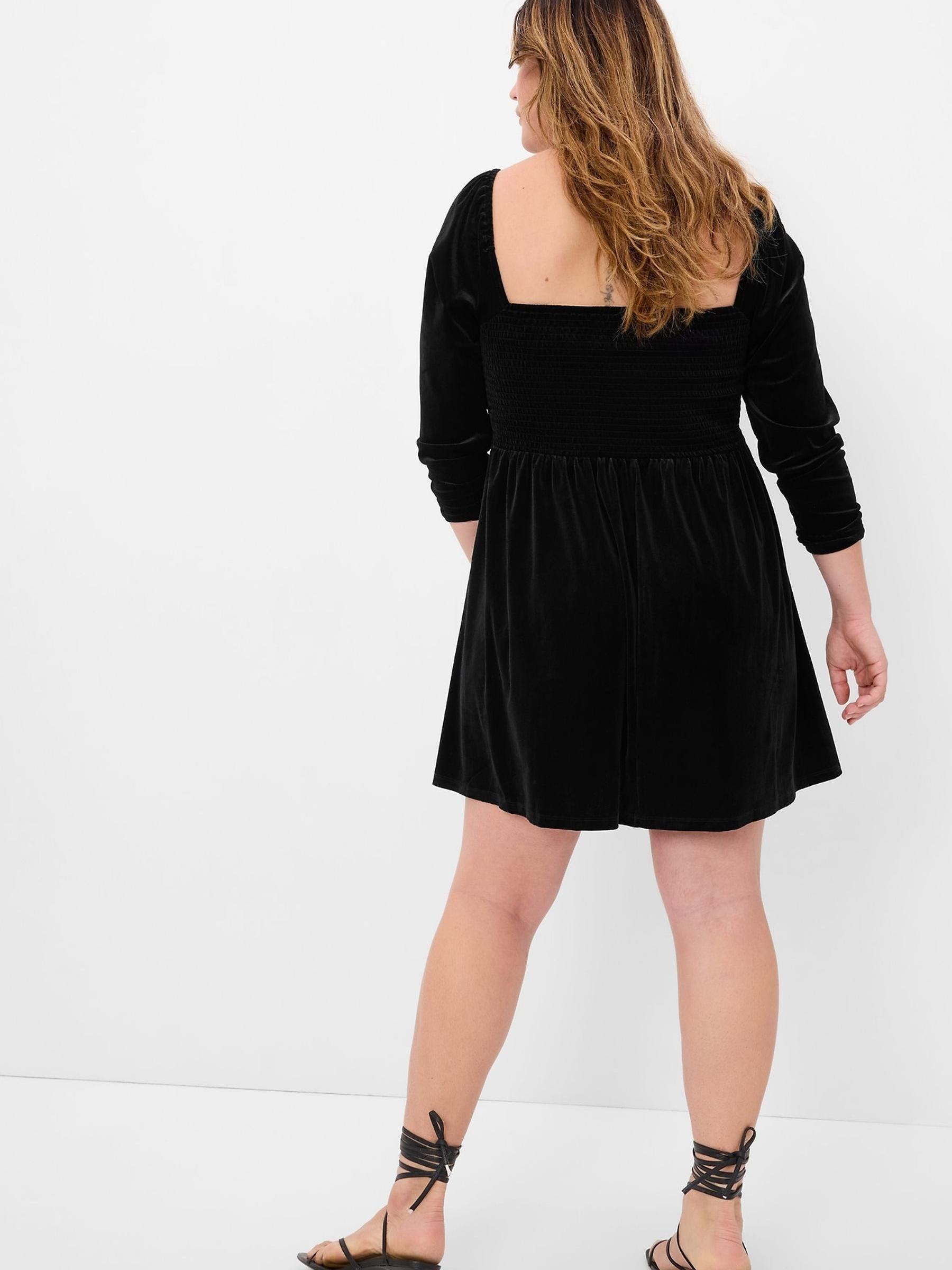 Black Smocked Velvet Long Sleeve Mini Dress - Image 5 of 5