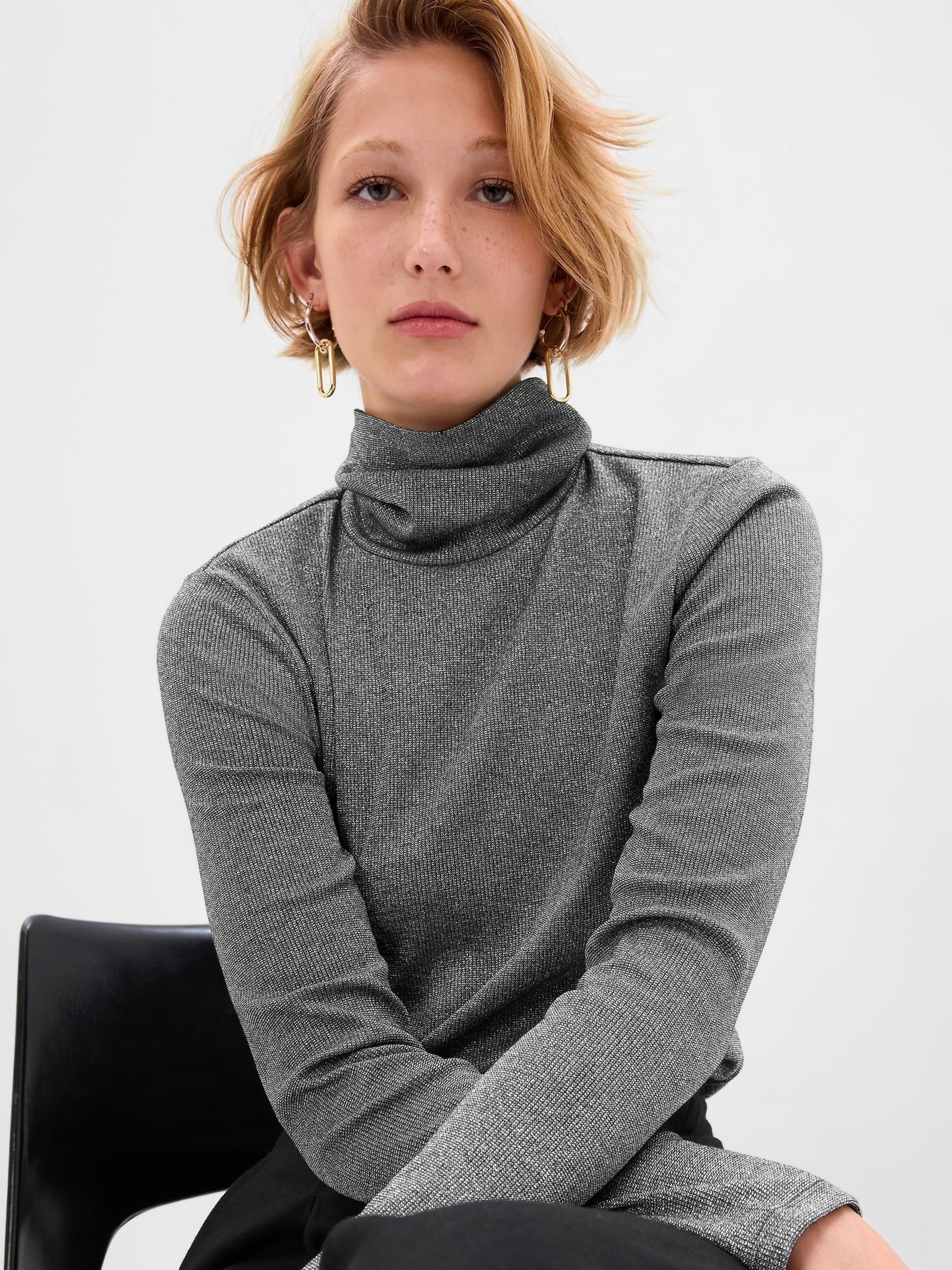 Grey Metallic Ribbed Long Sleeve Turtle Neck T-Shirt - Image 1 of 1