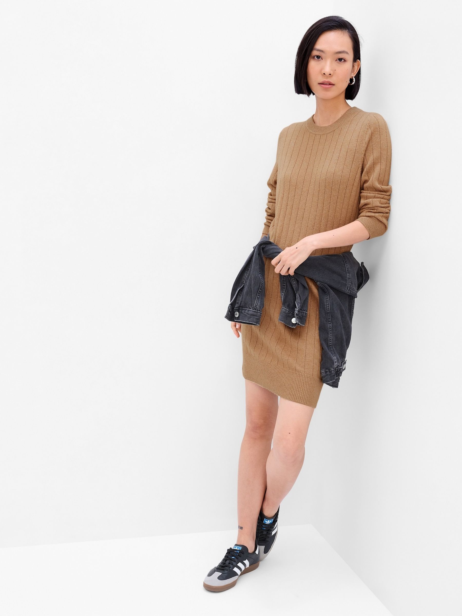 Beige Long Sleeve Crew Neck Jumper Dress - Image 1 of 5