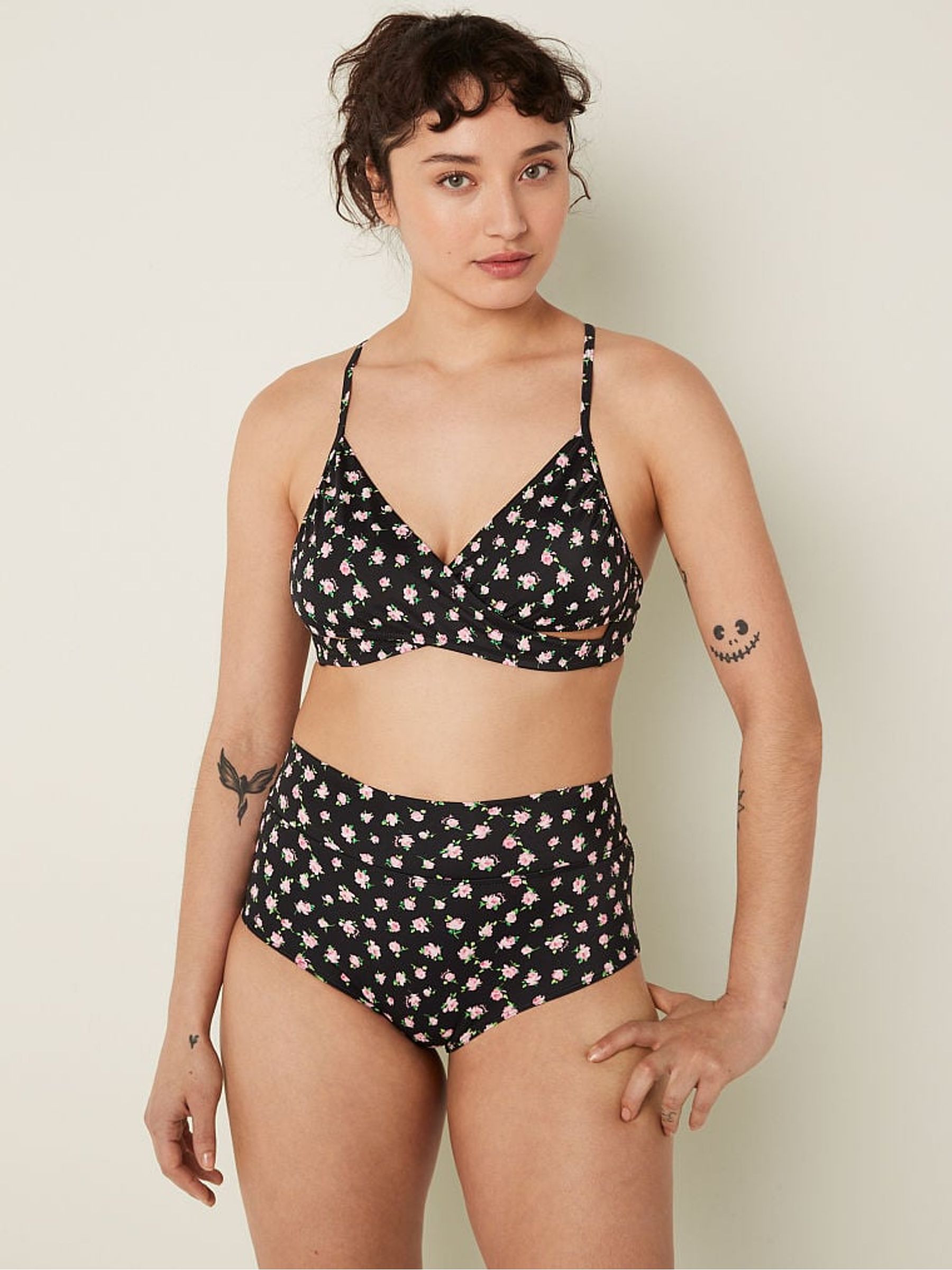 Pure Black Floral High Waisted Bikini Bottom - Image 1 of 4