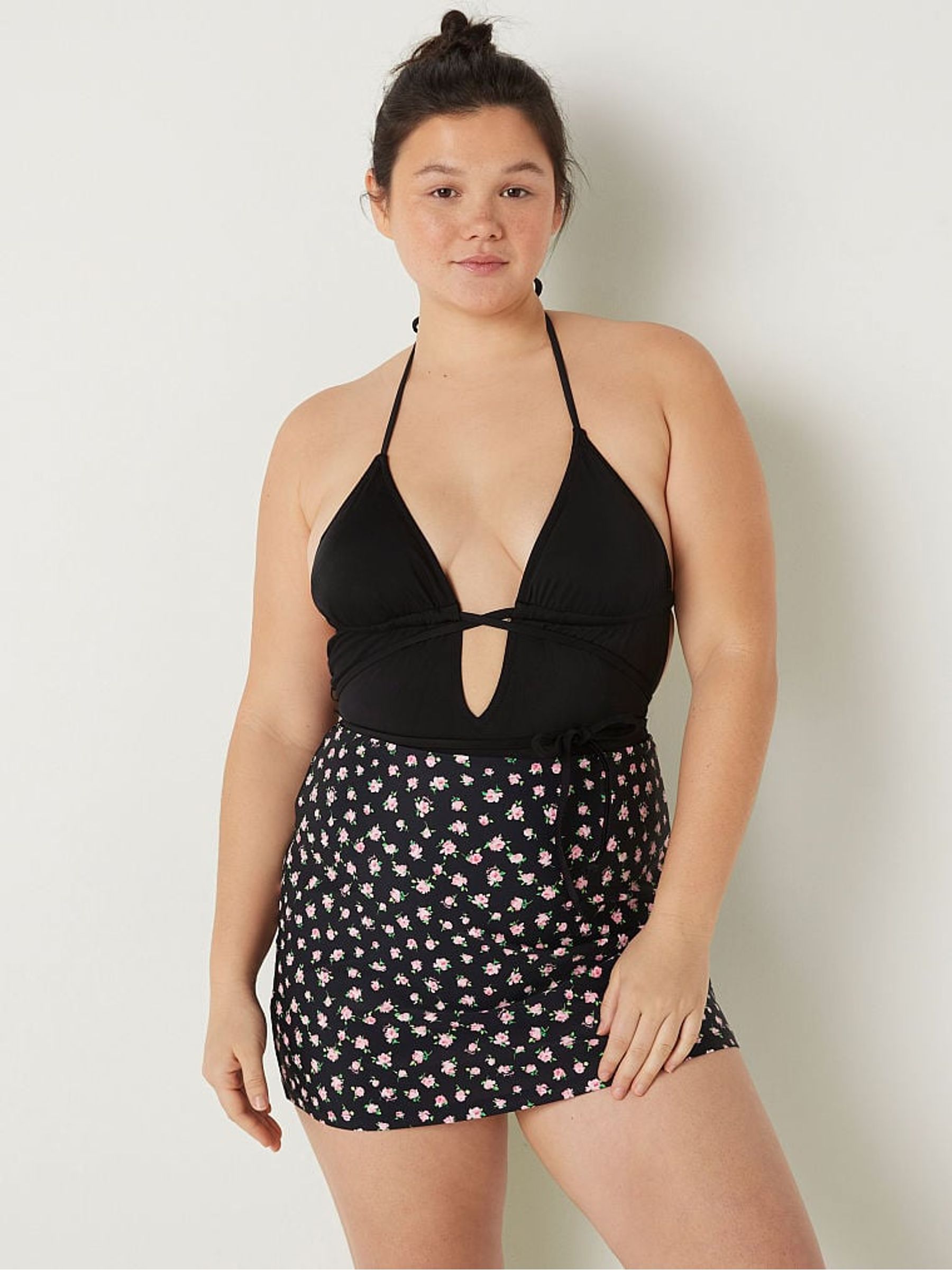 Pure Black Floral Swim CoverUp Mini Skirt - Image 1 of 1