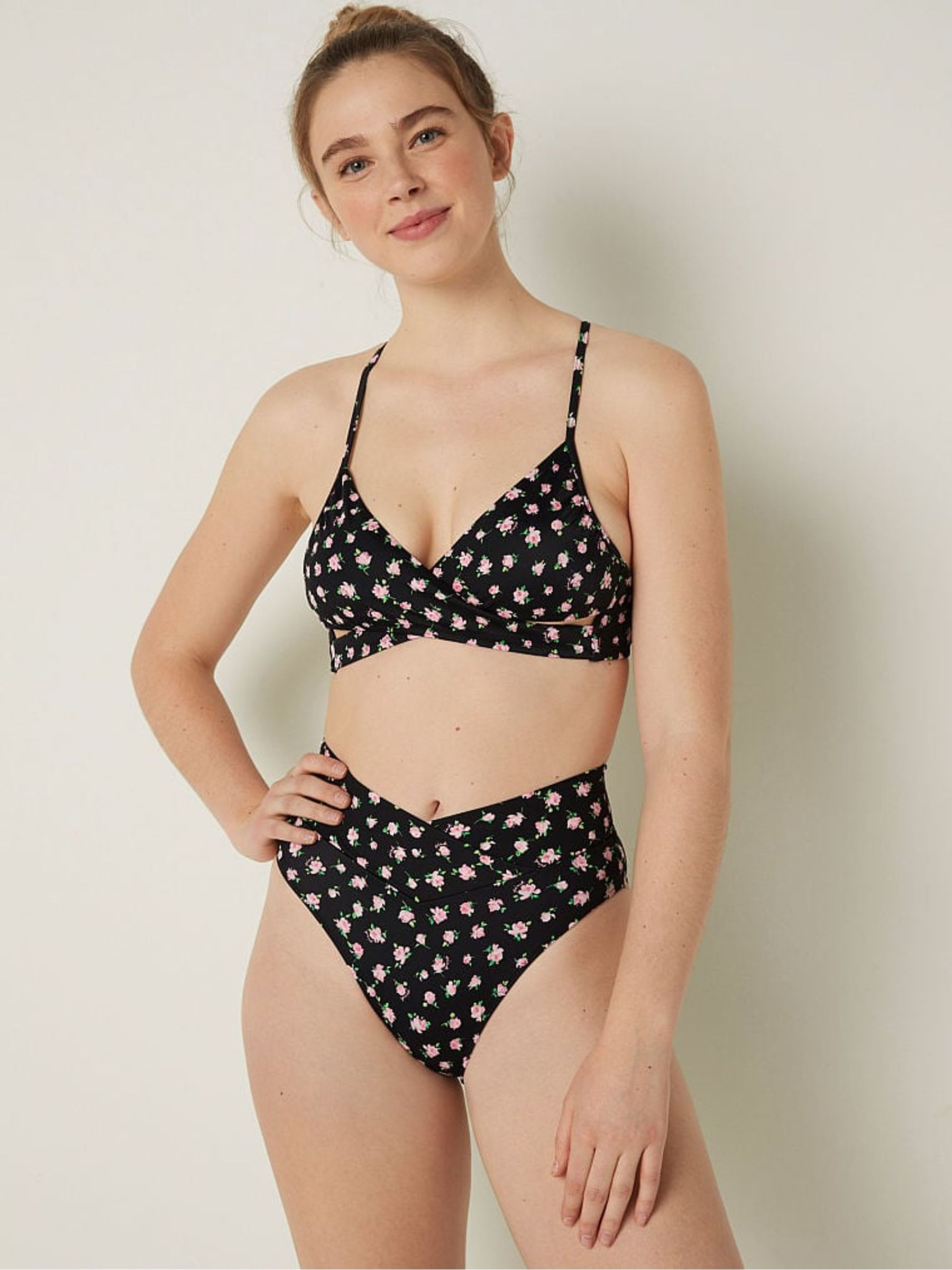 Pure Black Floral Cross Over Bikini Bottom - Image 1 of 3