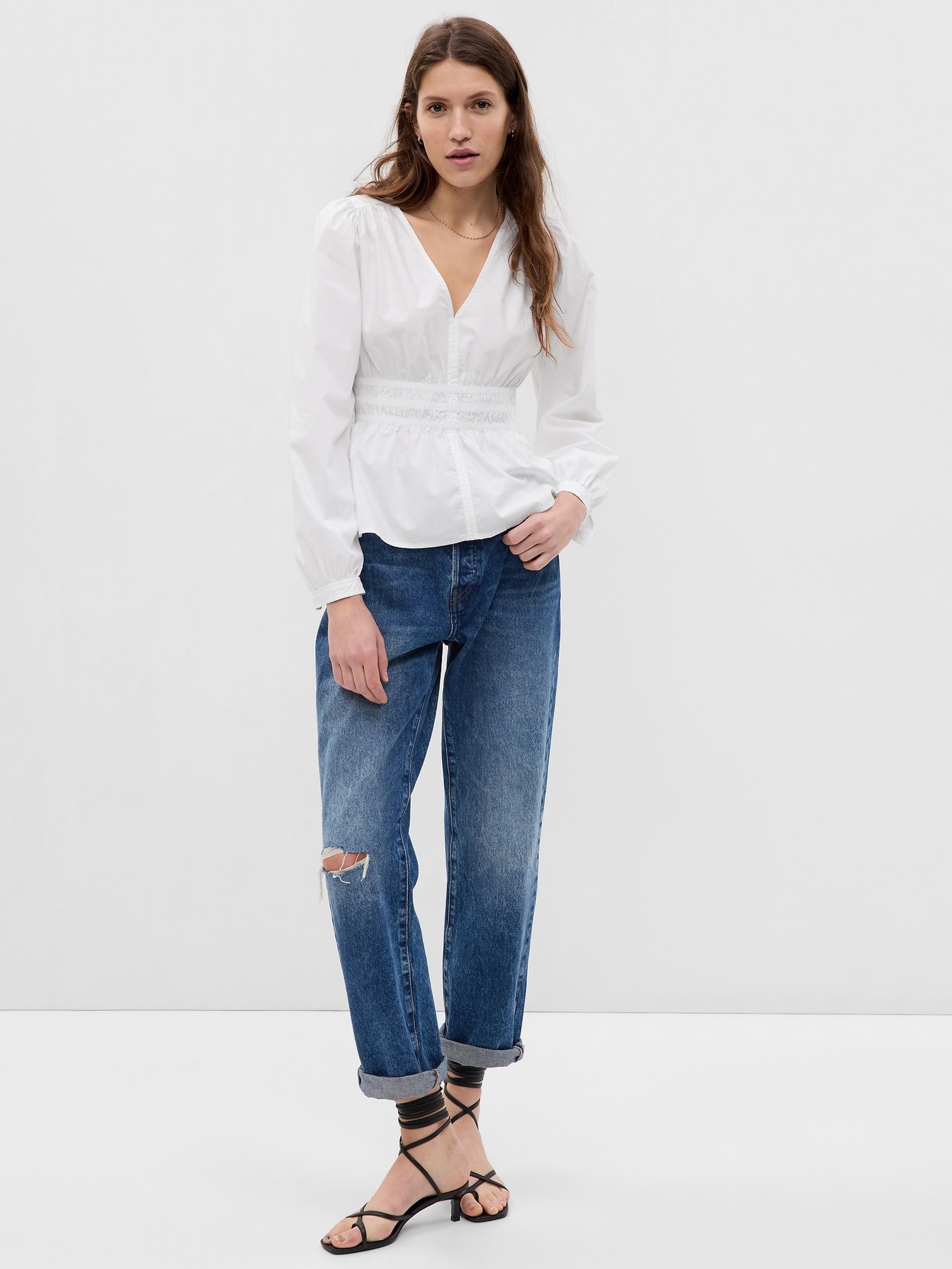 White Puff Sleeve Peplum Top - Image 1 of 5