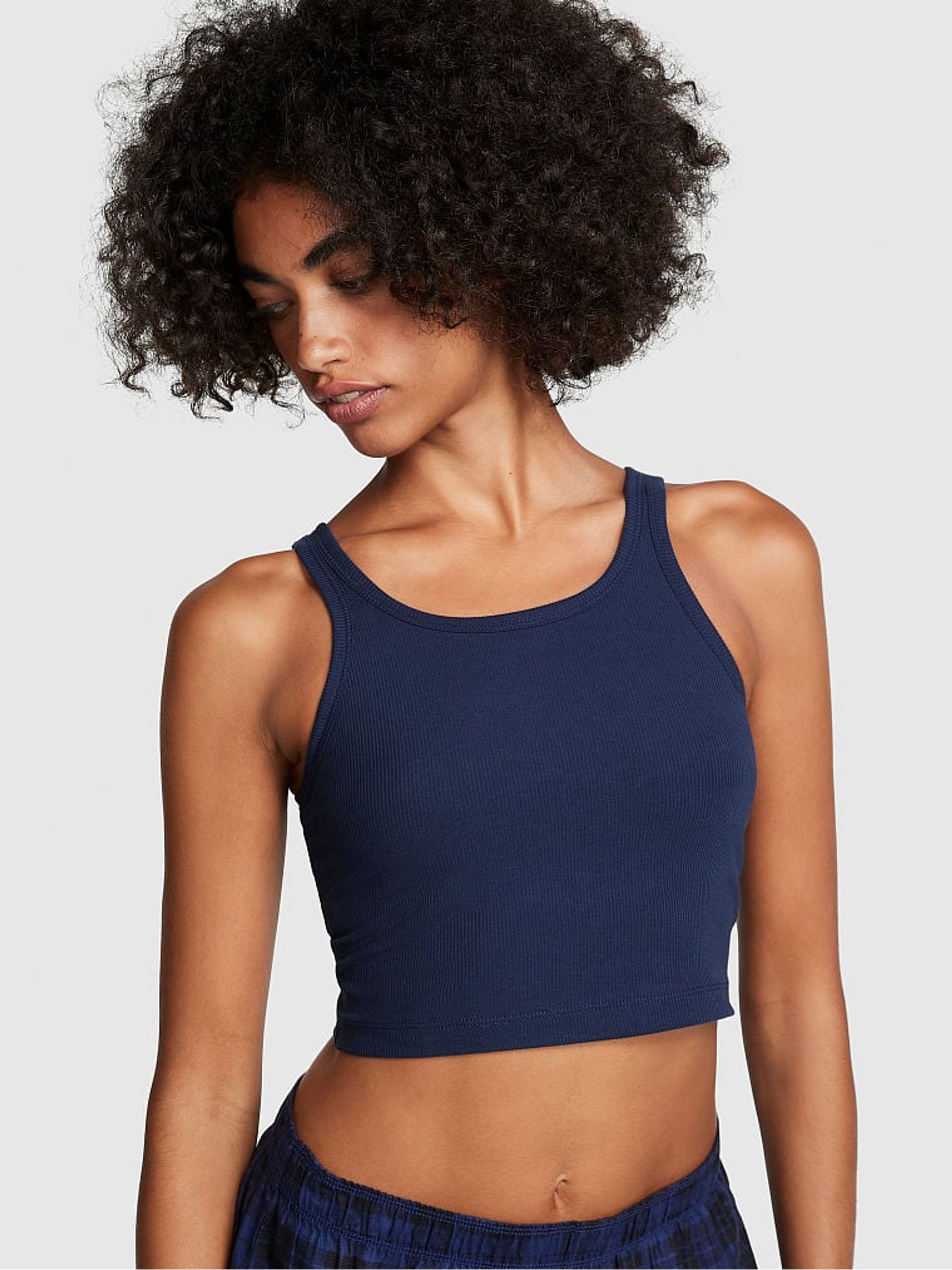Kurve Women's Ribbed Crop Tank Top Set – V-Neck Sleeveless, Yoga Sports Basic, Black/Powder Blue M/L - View #5