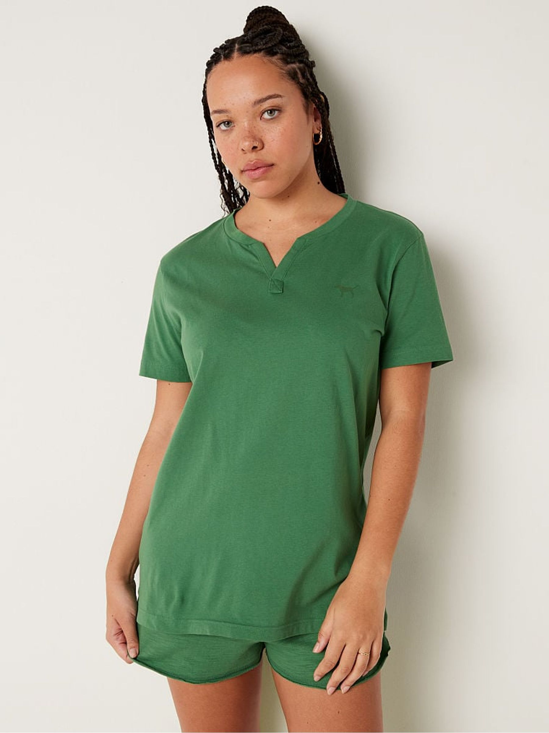Forest Pine Green Cotton ShortSleeve Henley Campus TShirt - Image 1 of 4