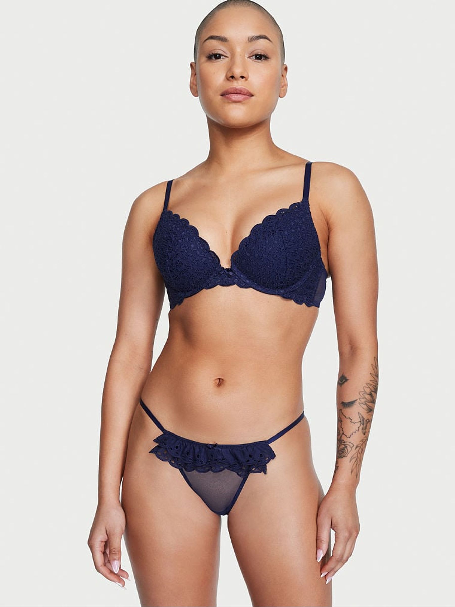 Ensign Navy Blue Push Up Broderie Scalloped Trim Bra - Image 3 of 4