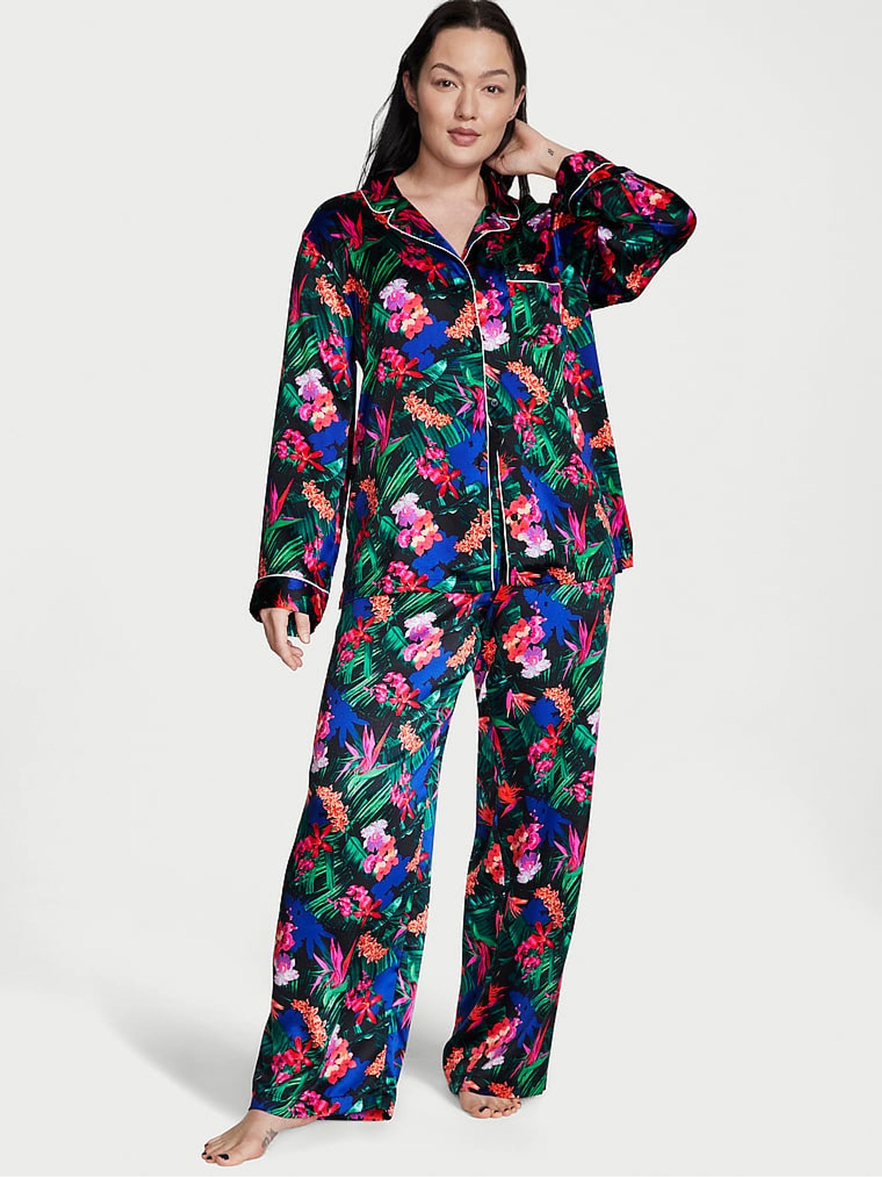 Black Moonlit Tropic Satin Long Pyjama Set - Image 1 of 3 Black Moonlit Tropic Satin Long Pyjama Set - Image 1 of 3