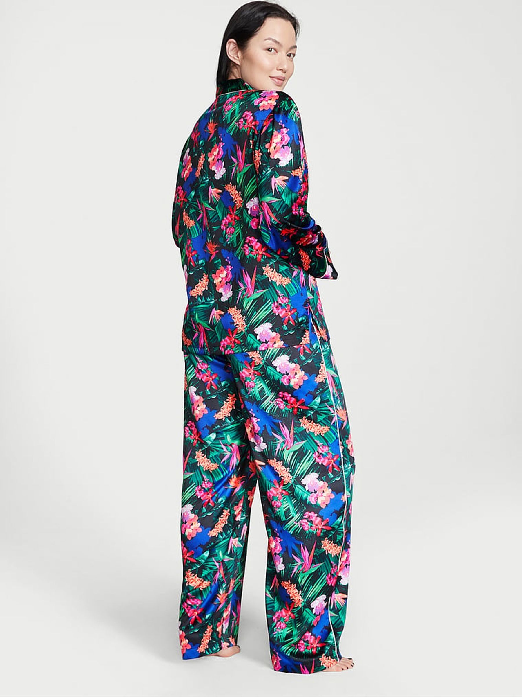 Black Moonlit Tropic Satin Long Pyjama Set - Image 2 of 3